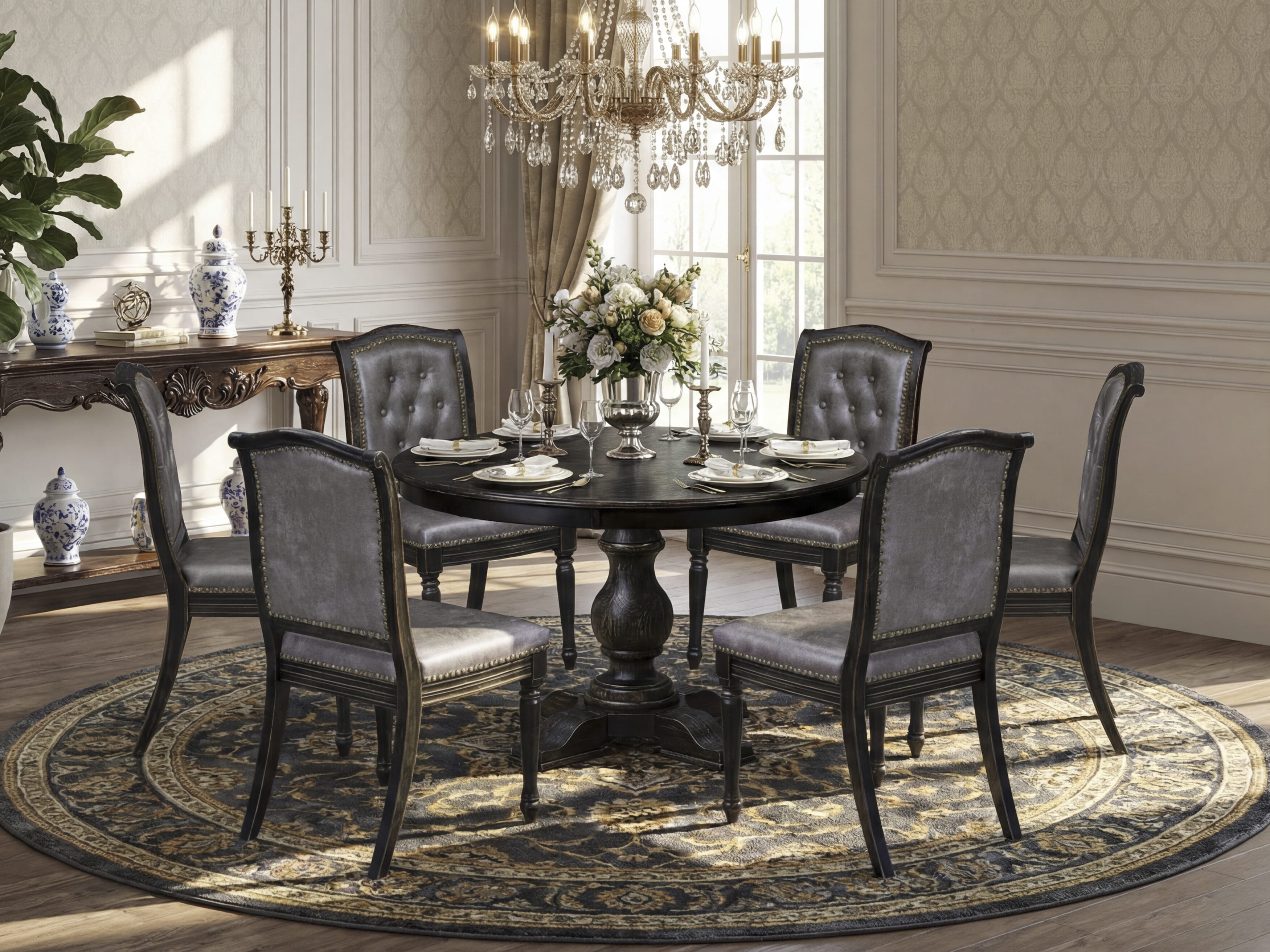 Luxe by East West Furniture - F5MA7-411-34 - 7-piece Modern Dining Table Set consists of a Dining Table and 6 Dark Grey Polyester Fabric Modern Chair with Button Tufted Back - Sand Blasting Black