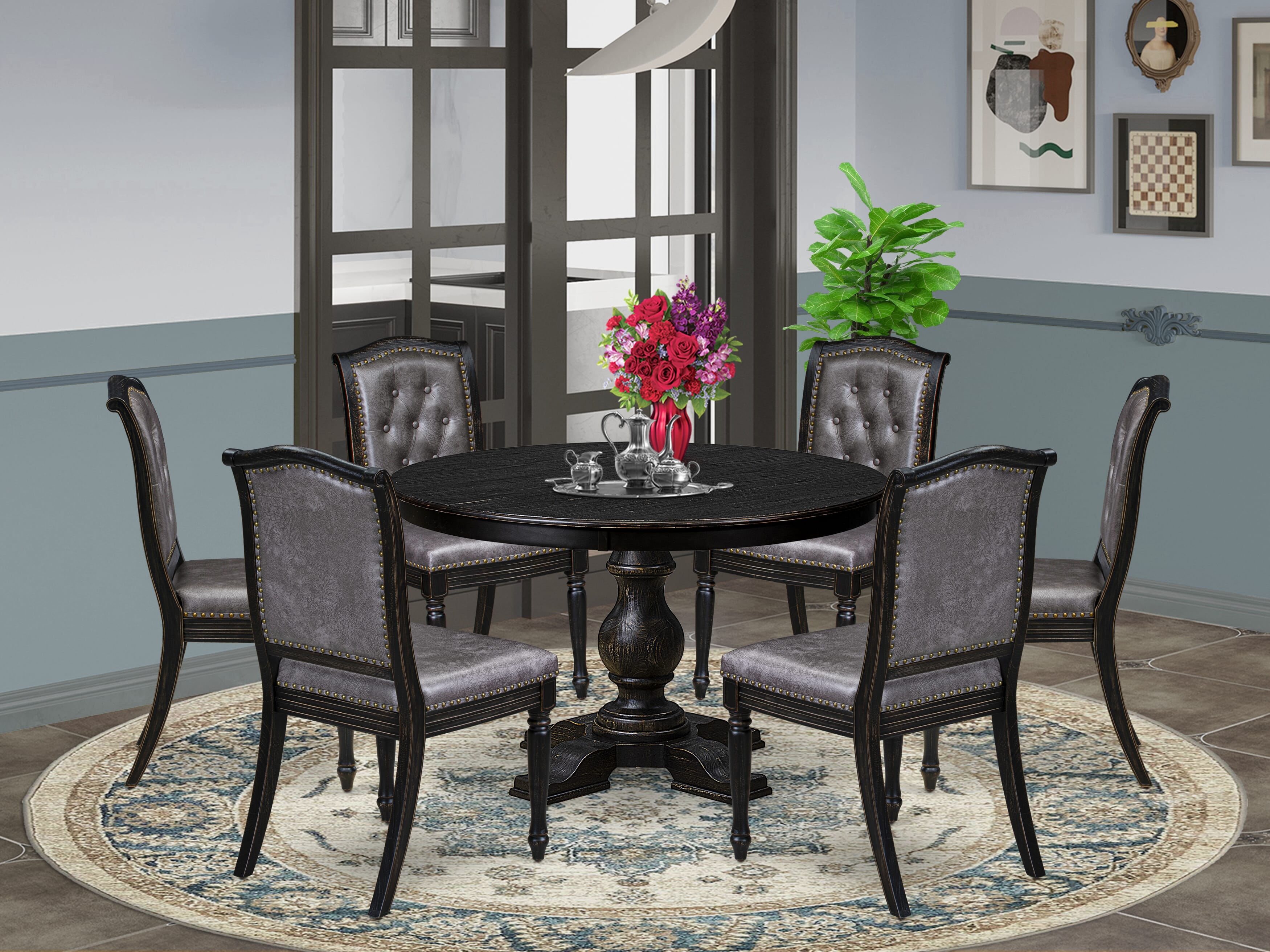 Luxe by East West Furniture - F5MA7-411-34 - 7-piece Modern Dining Table Set consists of a Dining Table and 6 Dark Grey Polyester Fabric Modern Chair with Button Tufted Back - Sand Blasting Black