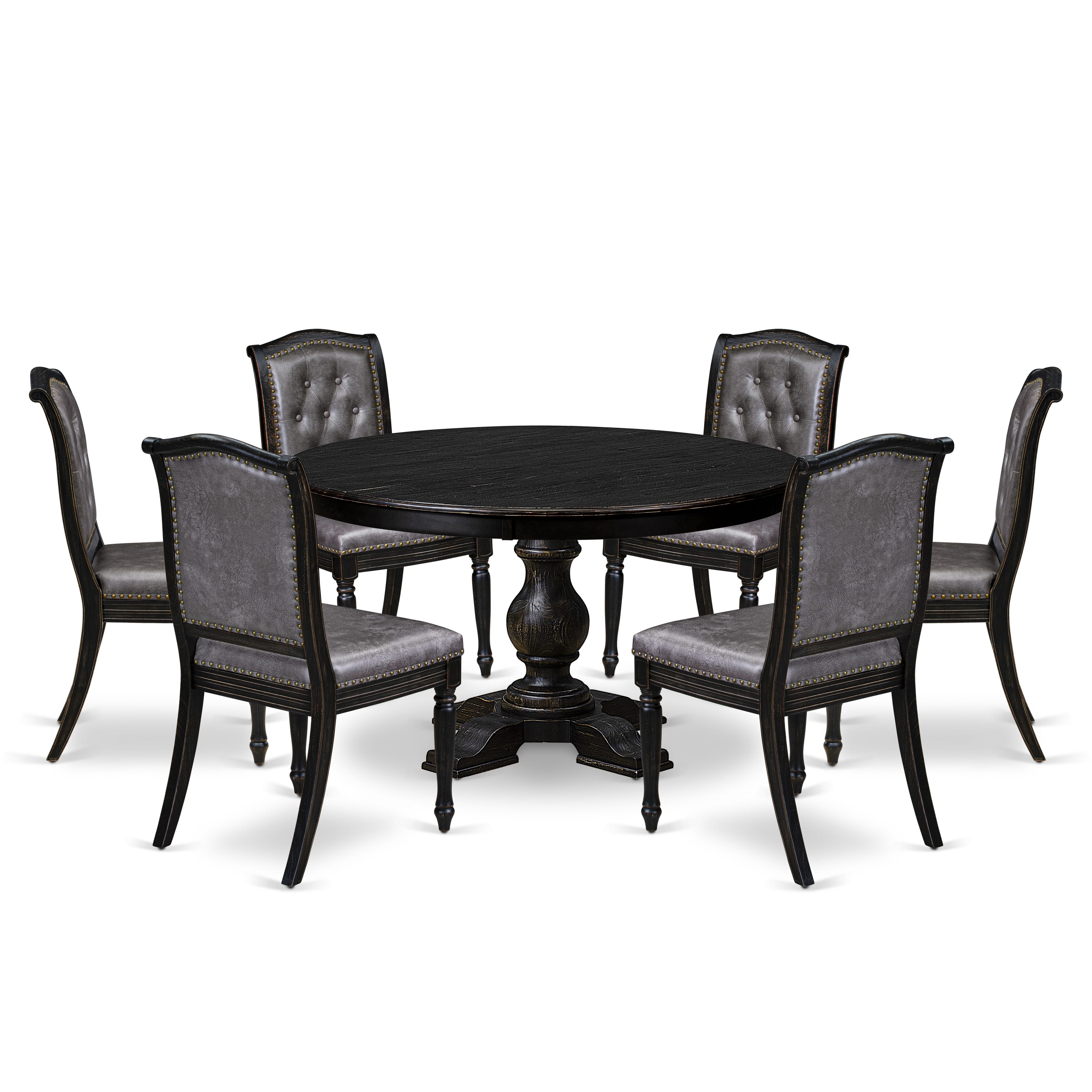 Luxe by East West Furniture - F5MA7-511-34 - 7-piece Mid Century Dining Set consists of a Dining Table and 6 Dark Grey Polyester Fabric Dining Chairs with Button Tufted Back - Sand Blasting Black