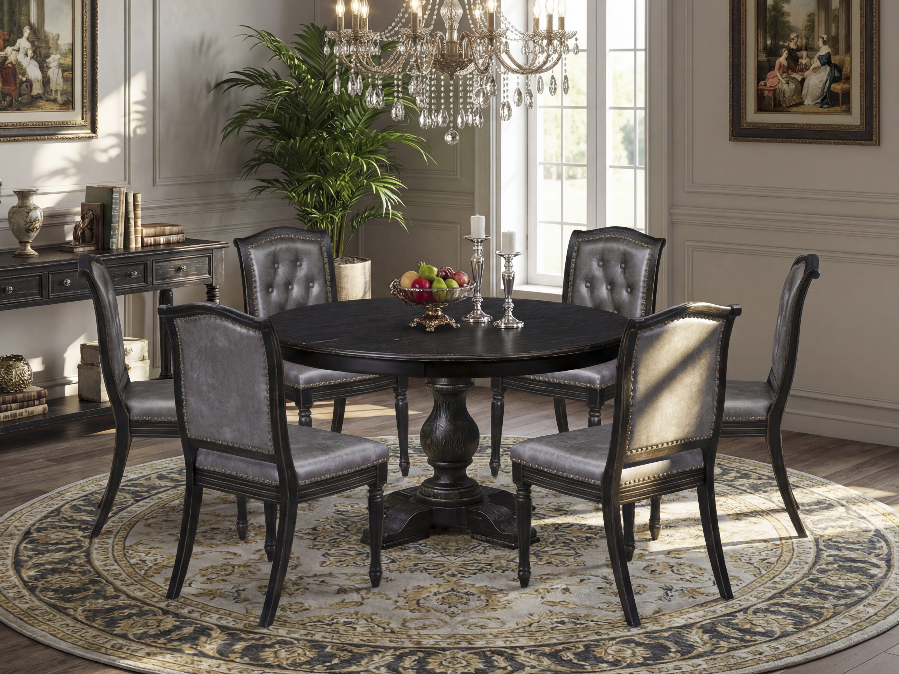 Luxe by East West Furniture - F5MA7-511-34 - 7-piece Mid Century Dining Set consists of a Dining Table and 6 Dark Grey Polyester Fabric Dining Chairs with Button Tufted Back - Sand Blasting Black