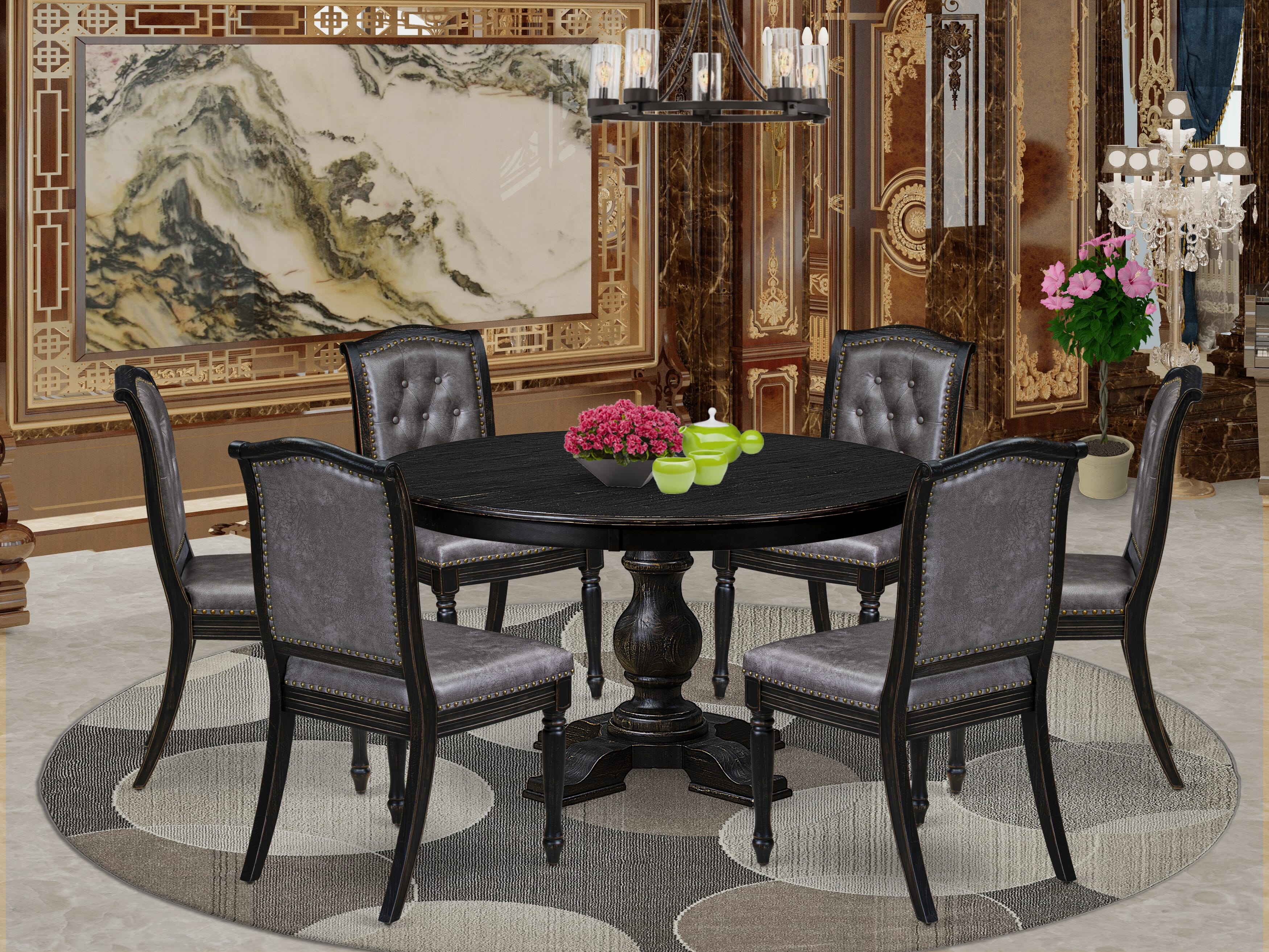 Luxe by East West Furniture - F5MA7-511-34 - 7-piece Mid Century Dining Set consists of a Dining Table and 6 Dark Grey Polyester Fabric Dining Chairs with Button Tufted Back - Sand Blasting Black