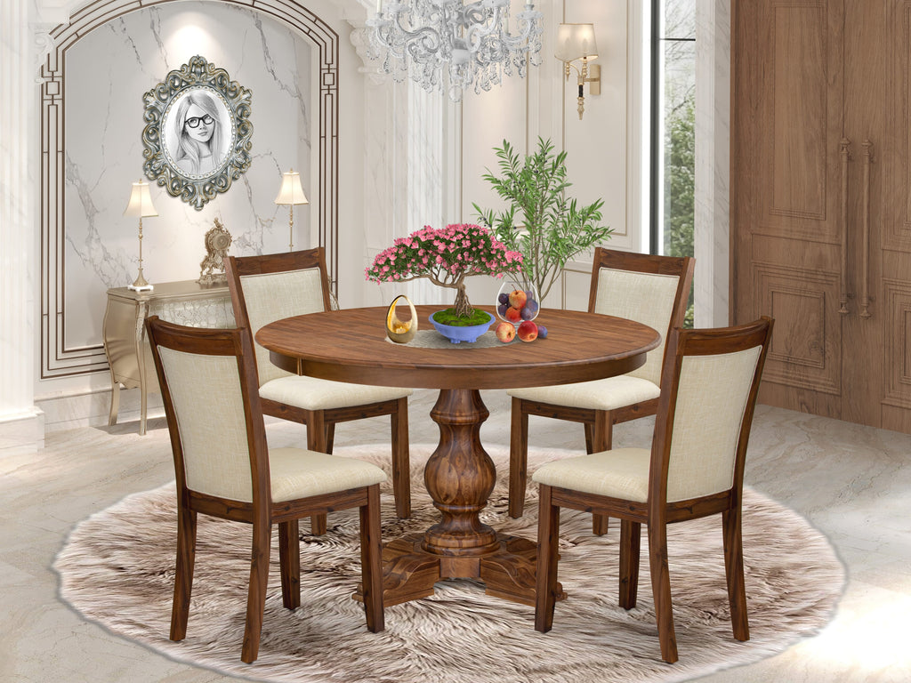 Luxe by East West Furniture F5MZ5-40N-02 5-Pc Kitchen Table Set Includes a Pedestal Round Table and 4 Light Beige Linen Fabric Dining Chairs with Padded Back - Antique Walnut