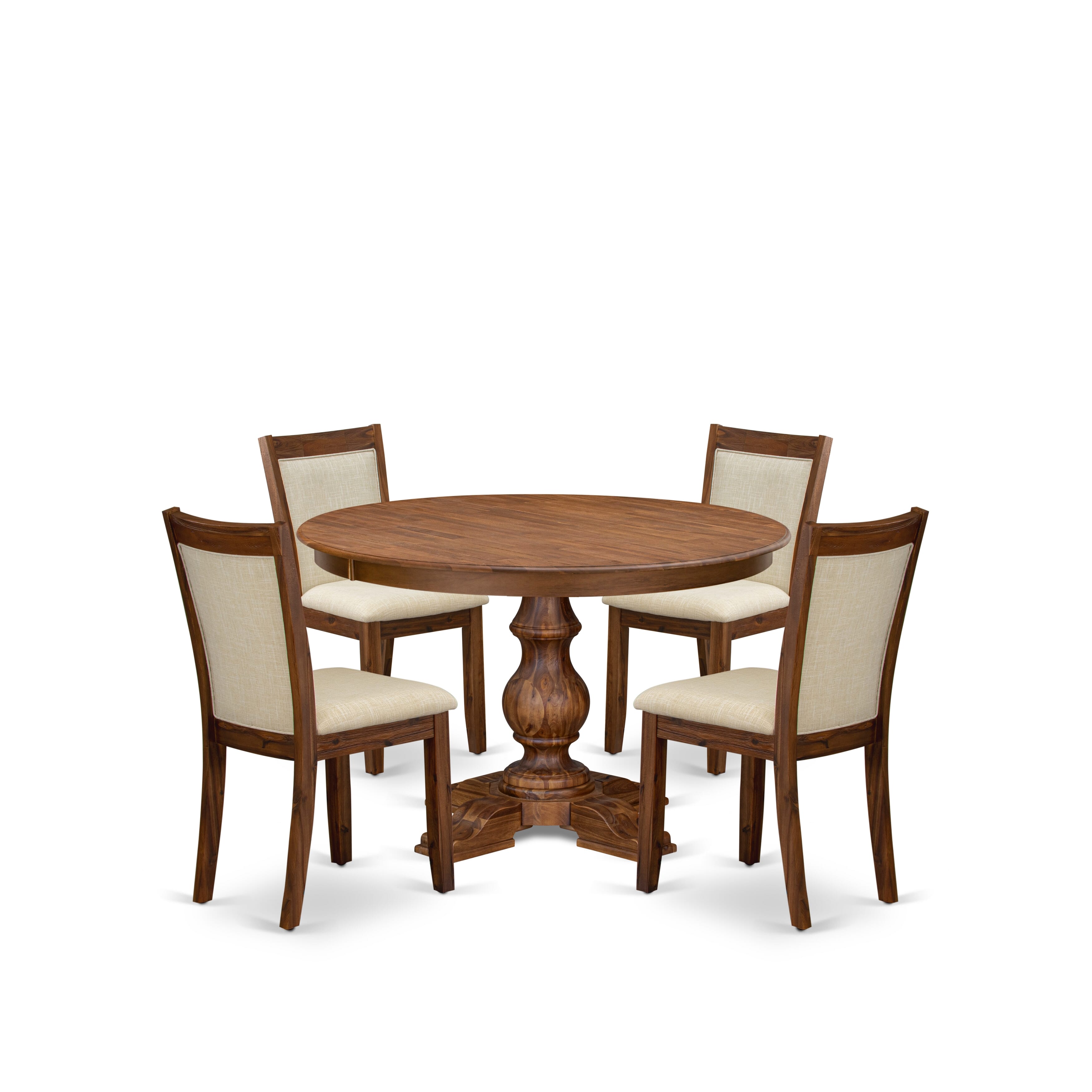 Luxe by East West Furniture F5MZ5-40N-02 5-Pc Kitchen Table Set Includes a Pedestal Round Table and 4 Light Beige Linen Fabric Dining Chairs with Padded Back - Antique Walnut