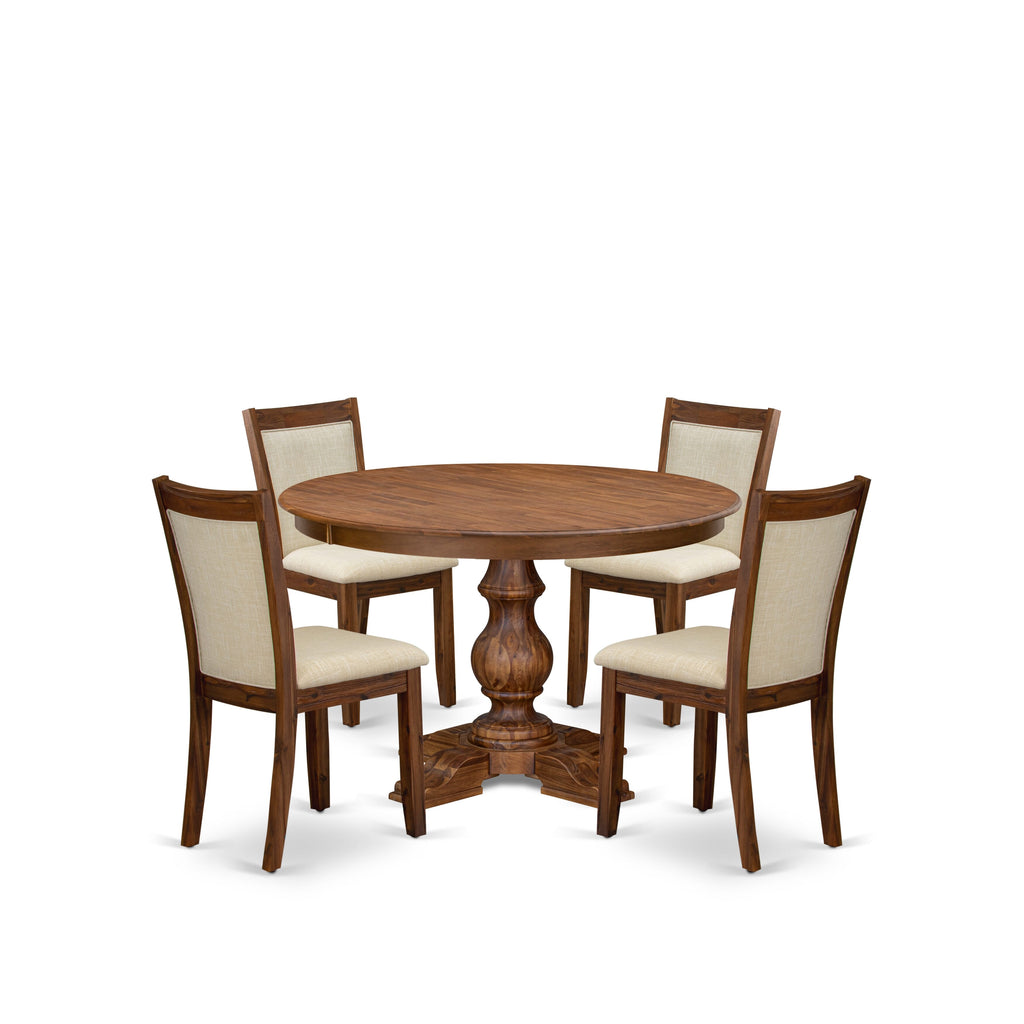 Luxe by East West Furniture F5MZ5-40N-02 5-Pc Kitchen Table Set Includes a Pedestal Round Table and 4 Light Beige Linen Fabric Dining Chairs with Padded Back - Antique Walnut