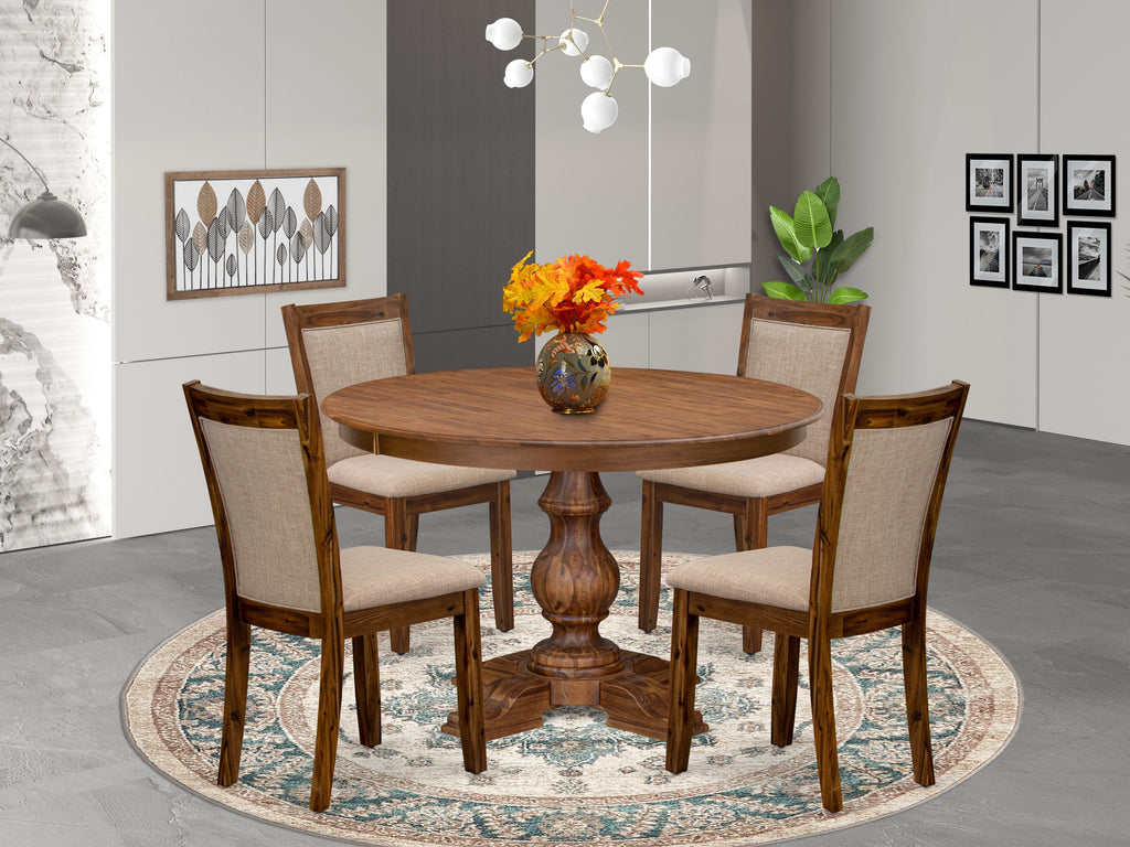Luxe by East West Furniture F5MZ5-40N-04 5-Pc Kitchen Set Includes a Pedestal Dining Table and 4 Light Tan Linen Fabric Parson Chairs with Padded Back- Antique Walnut Finish
