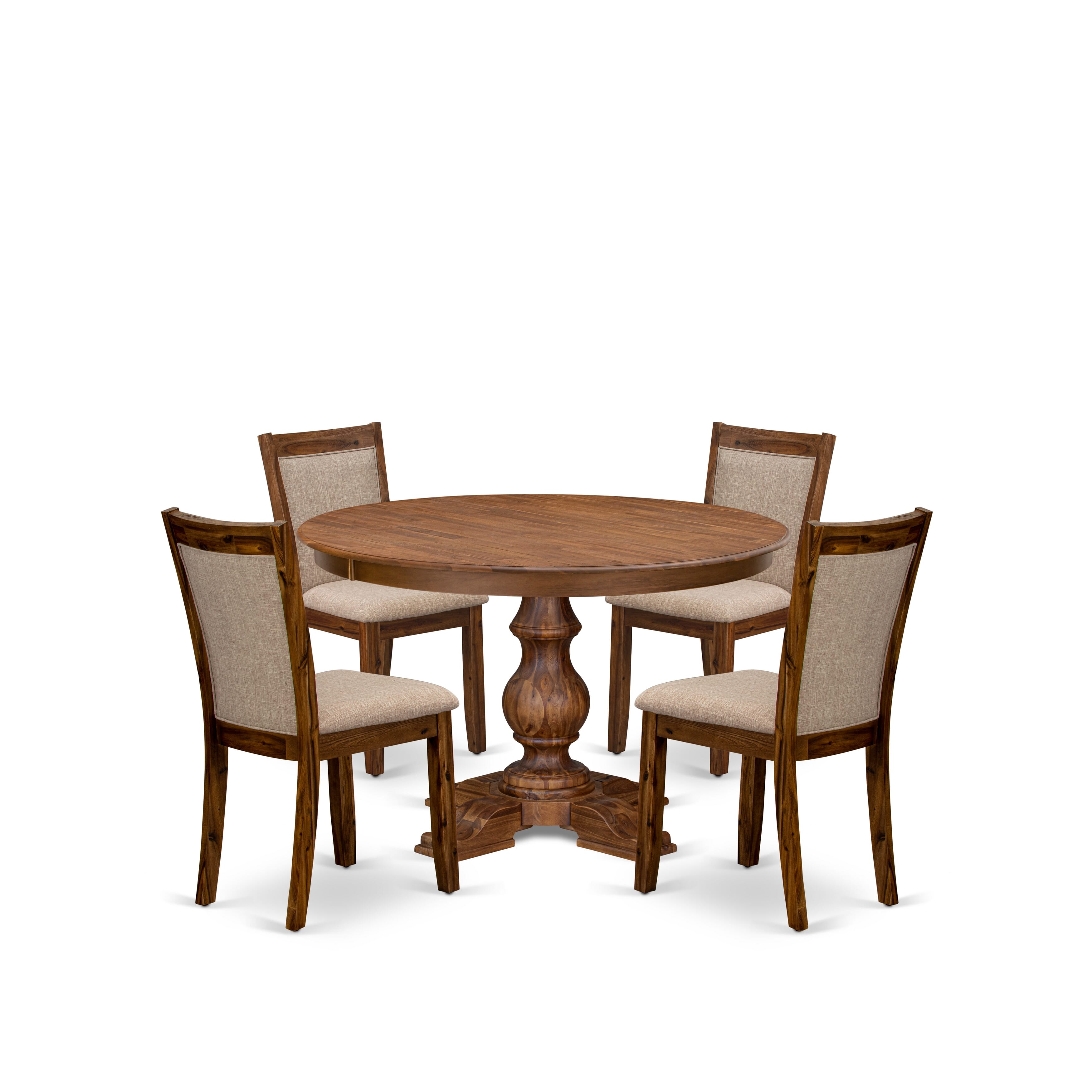 Luxe by East West Furniture F5MZ5-40N-04 5-Pc Kitchen Set Includes a Pedestal Dining Table and 4 Light Tan Linen Fabric Parson Chairs with Padded Back- Antique Walnut Finish