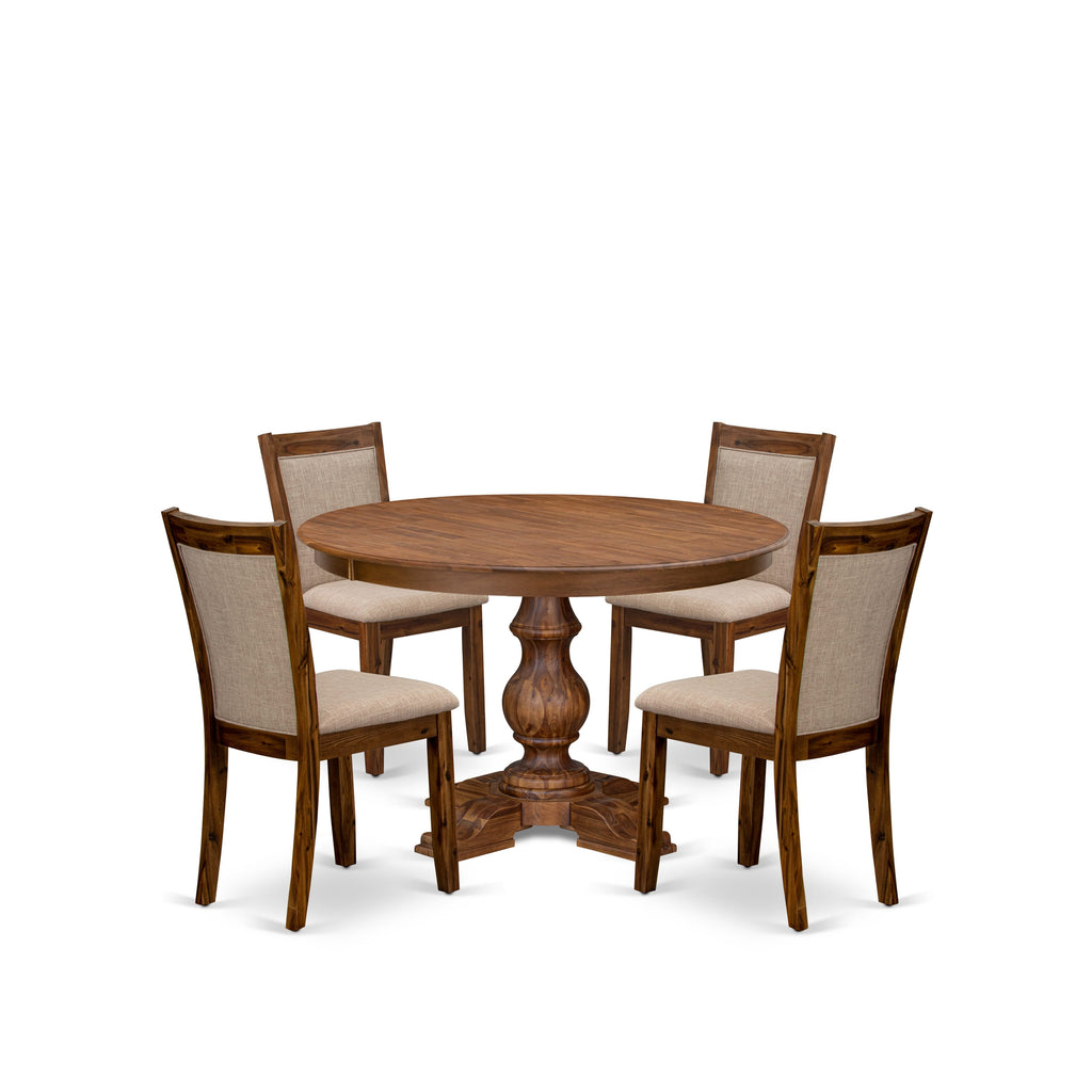 Luxe by East West Furniture F5MZ5-40N-04 5-Pc Kitchen Set Includes a Pedestal Dining Table and 4 Light Tan Linen Fabric Parson Chairs with Padded Back- Antique Walnut Finish