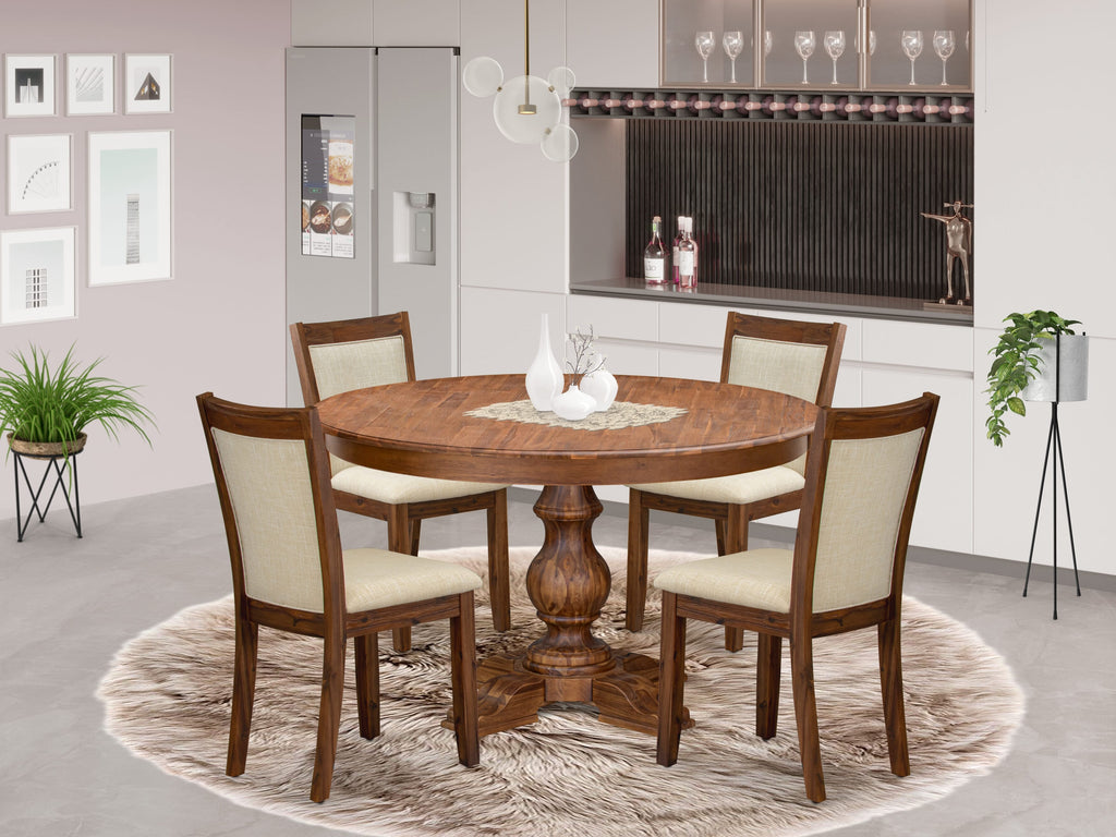 Luxe by East West Furniture F5MZ5-50N-02 5-Pc Kitchen Table Set Includes a Pedestal Wooden Table and 4 Light Beige Linen Fabric Dining Chairs with Padded Back - Antique Walnut