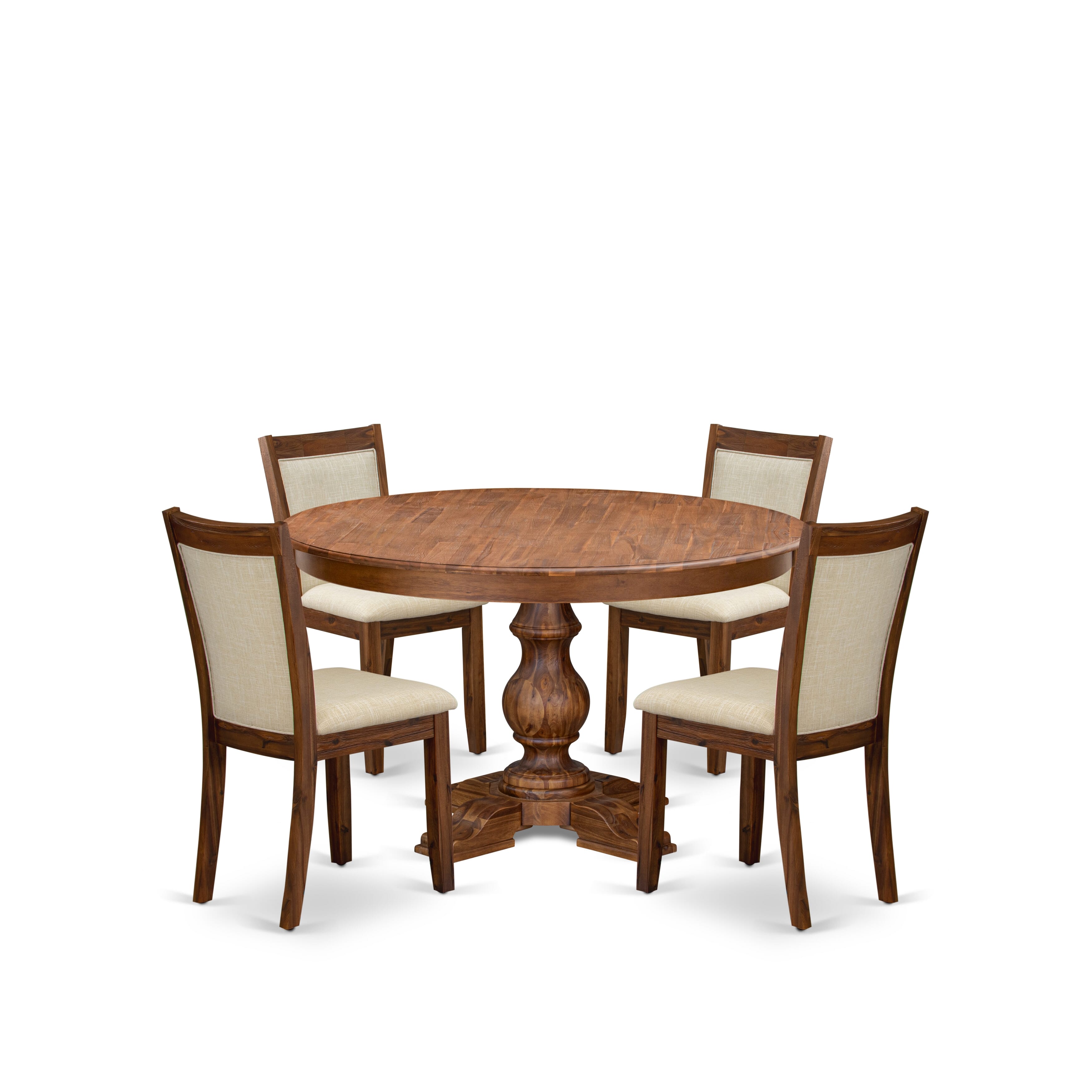 Luxe by East West Furniture F5MZ5-50N-02 5-Pc Kitchen Table Set Includes a Pedestal Wooden Table and 4 Light Beige Linen Fabric Dining Chairs with Padded Back - Antique Walnut