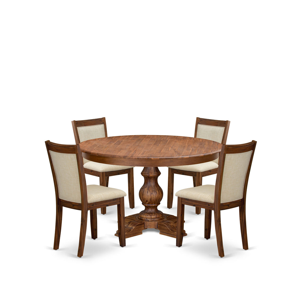Luxe by East West Furniture F5MZ5-50N-02 5-Pc Kitchen Table Set Includes a Pedestal Wooden Table and 4 Light Beige Linen Fabric Dining Chairs with Padded Back - Antique Walnut
