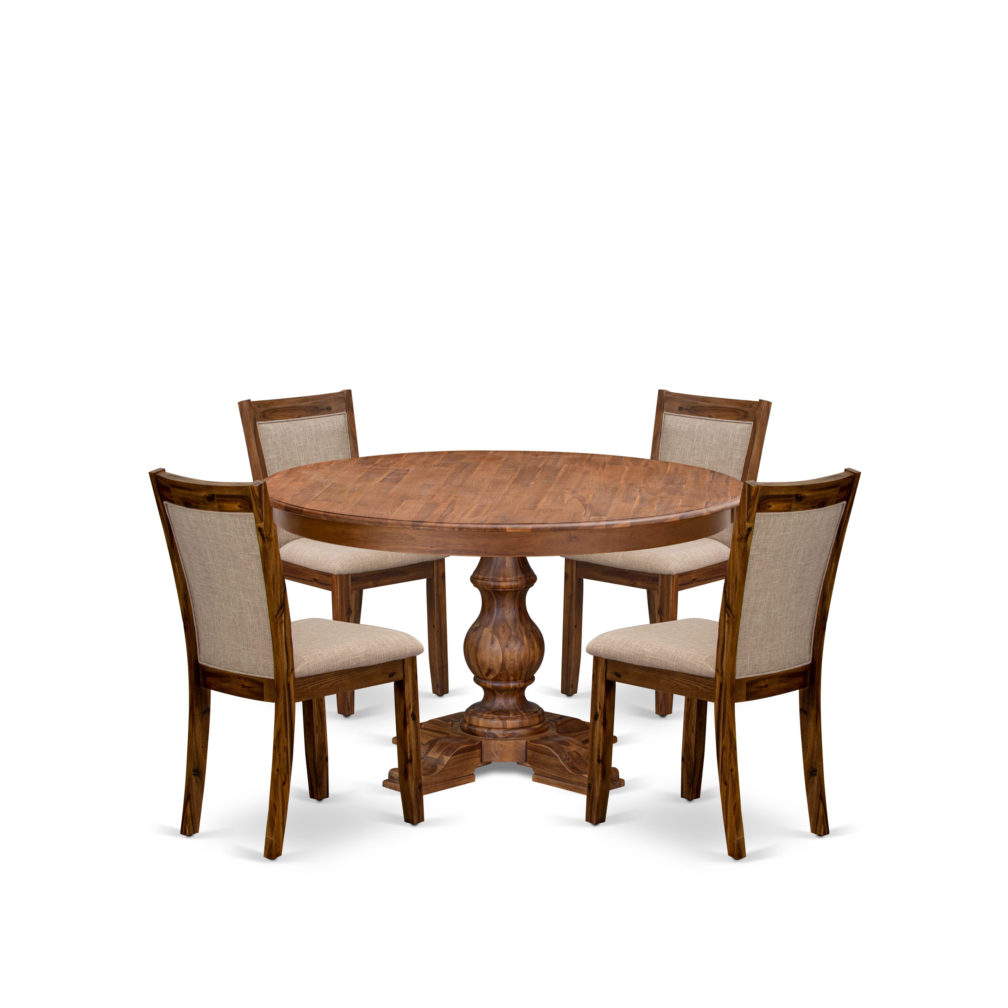 Luxe by East West Furniture F5MZ5-50N-04 5-Pc Dining Set consists of a Pedestal Kitchen Table and 4 Light Tan Linen Fabric Kitchen Chairs with Padded Back - Antique Walnut