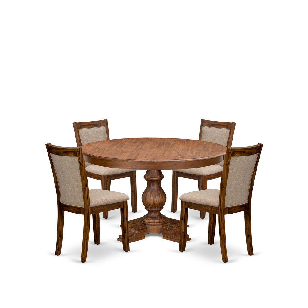 Luxe by East West Furniture F5MZ5-50N-04 5-Pc Dining Set consists of a Pedestal Kitchen Table and 4 Light Tan Linen Fabric Kitchen Chairs with Padded Back - Antique Walnut