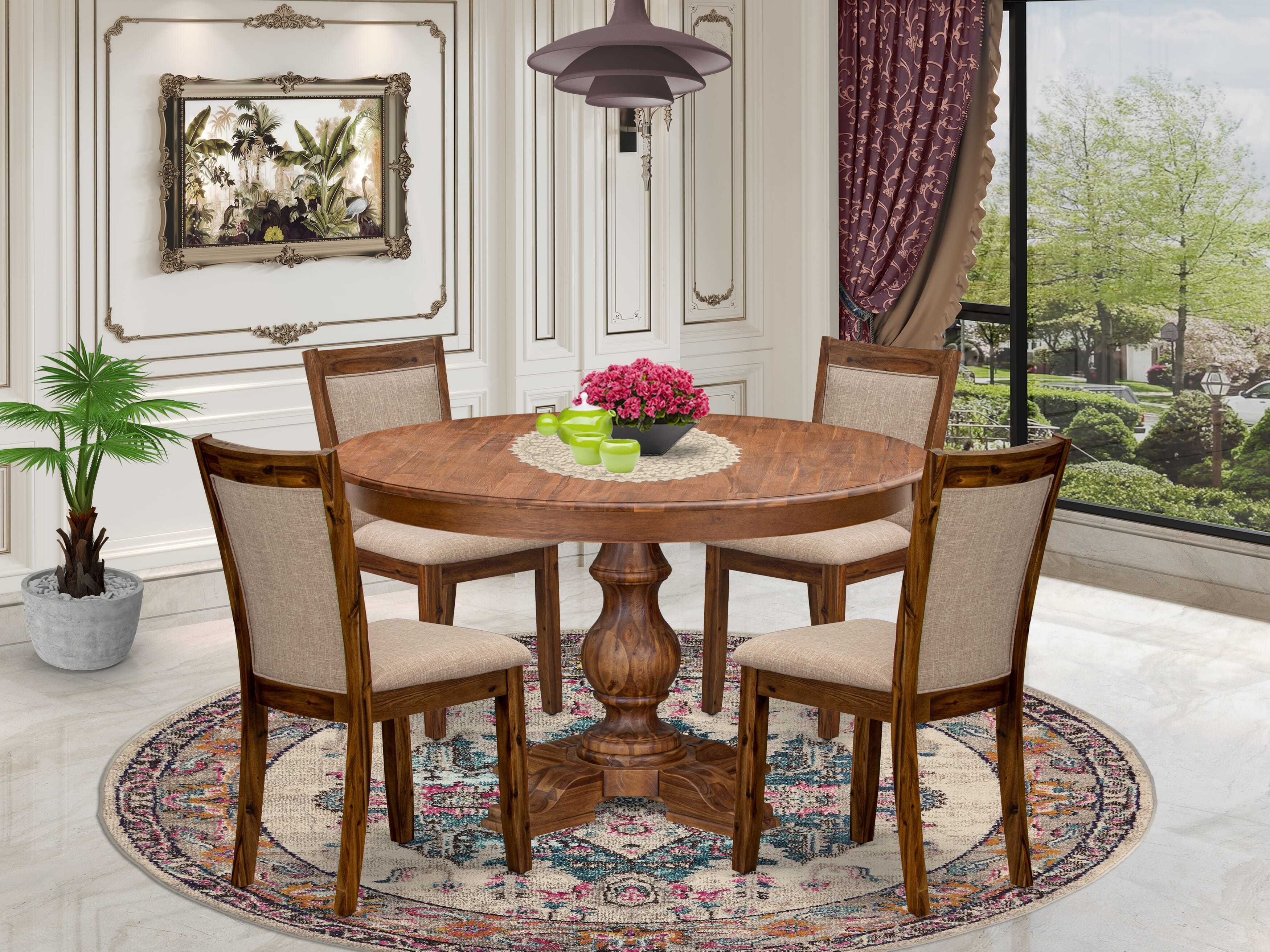 Luxe by East West Furniture F5MZ5-50N-04 5-Pc Dining Set consists of a Pedestal Kitchen Table and 4 Light Tan Linen Fabric Kitchen Chairs with Padded Back - Antique Walnut