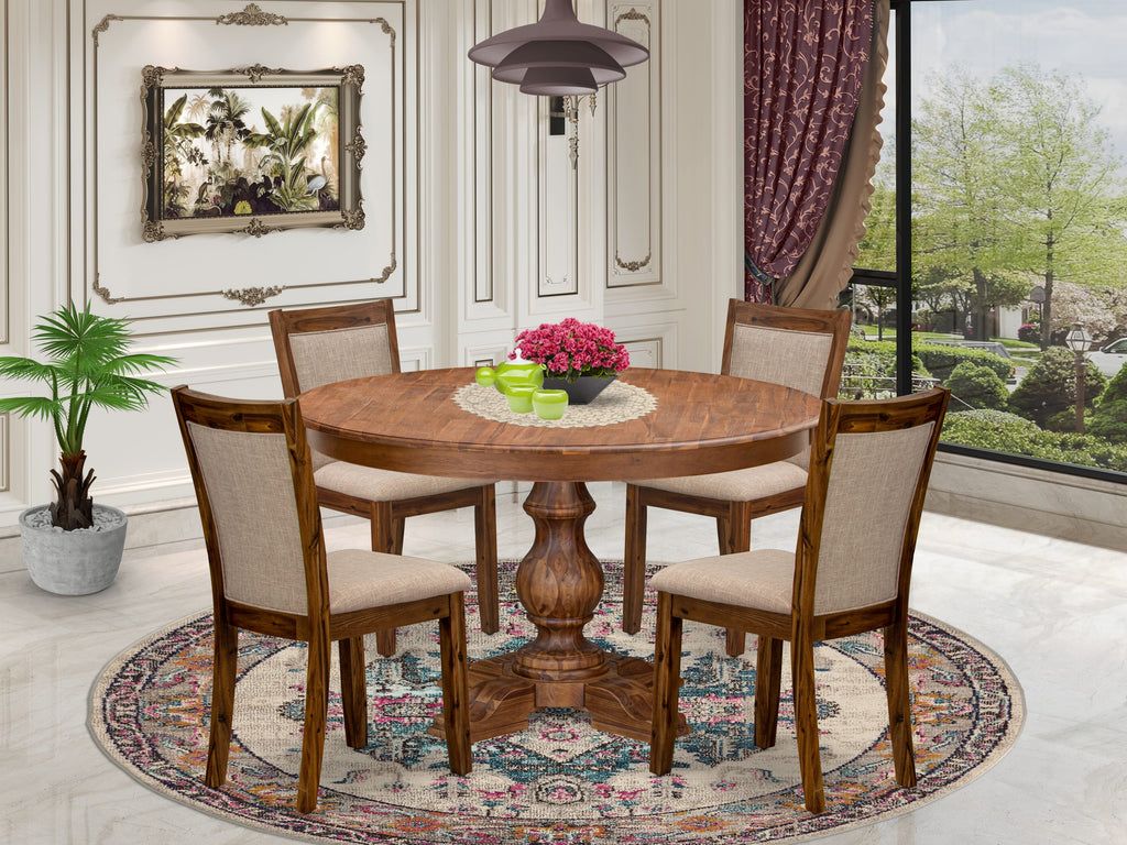 Luxe by East West Furniture F5MZ5-50N-04 5-Pc Dining Set consists of a Pedestal Kitchen Table and 4 Light Tan Linen Fabric Kitchen Chairs with Padded Back - Antique Walnut