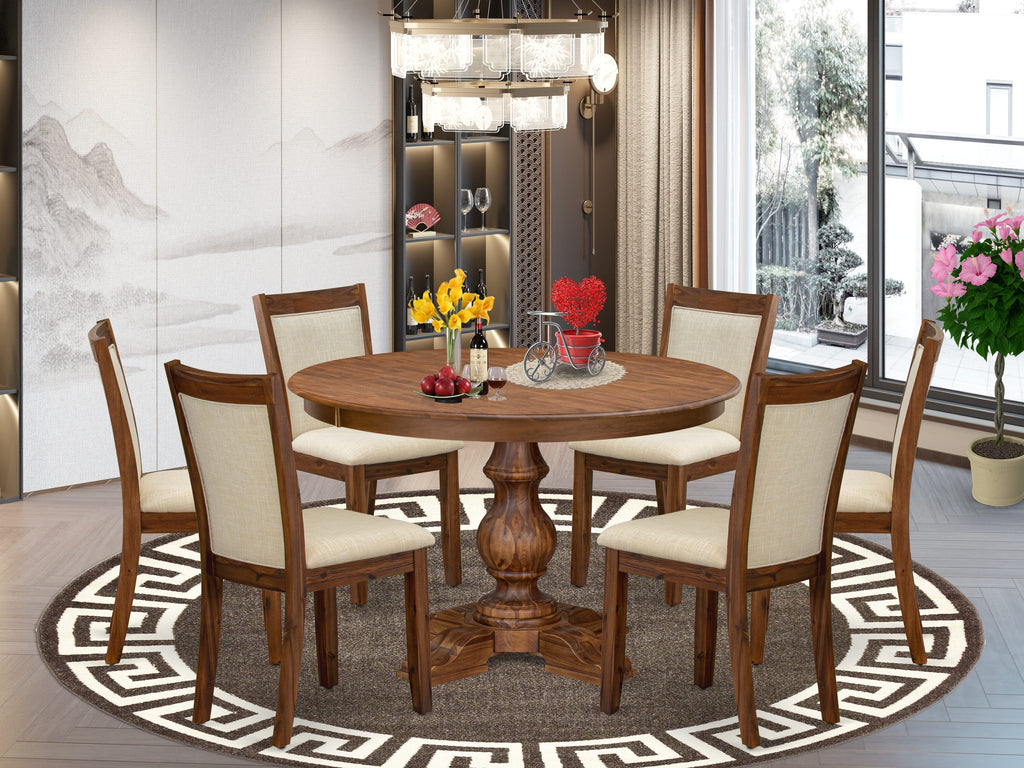 Luxe by East West Furniture F5MZ7-40N-02 7-Pc Dining Table Set consists of a Pedestal Table and 6 Light Beige Linen Fabric Modern Chairs with Padded Back - Antique Walnut