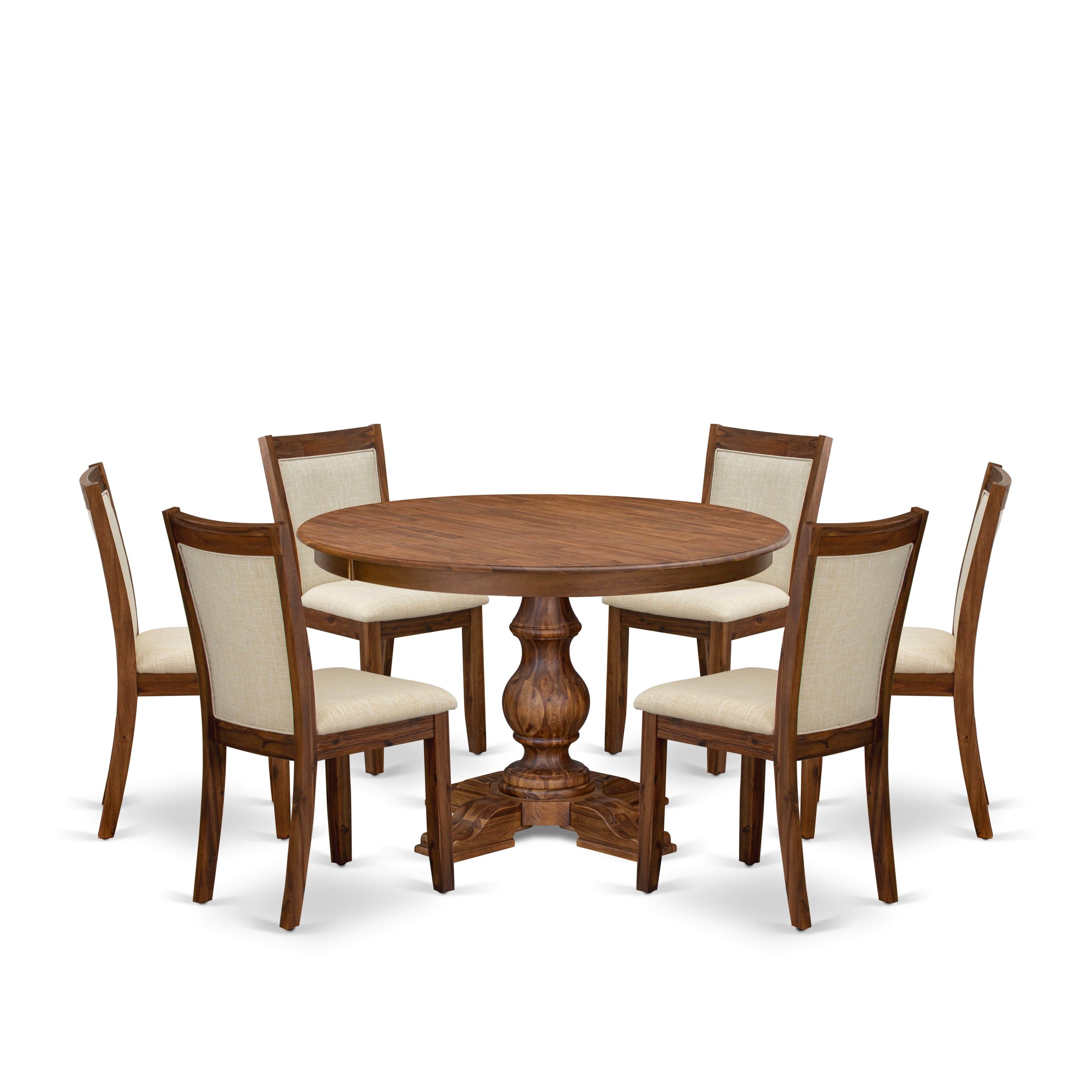 Luxe by East West Furniture F5MZ7-40N-02 7-Pc Dining Table Set consists of a Pedestal Table and 6 Light Beige Linen Fabric Modern Chairs with Padded Back - Antique Walnut