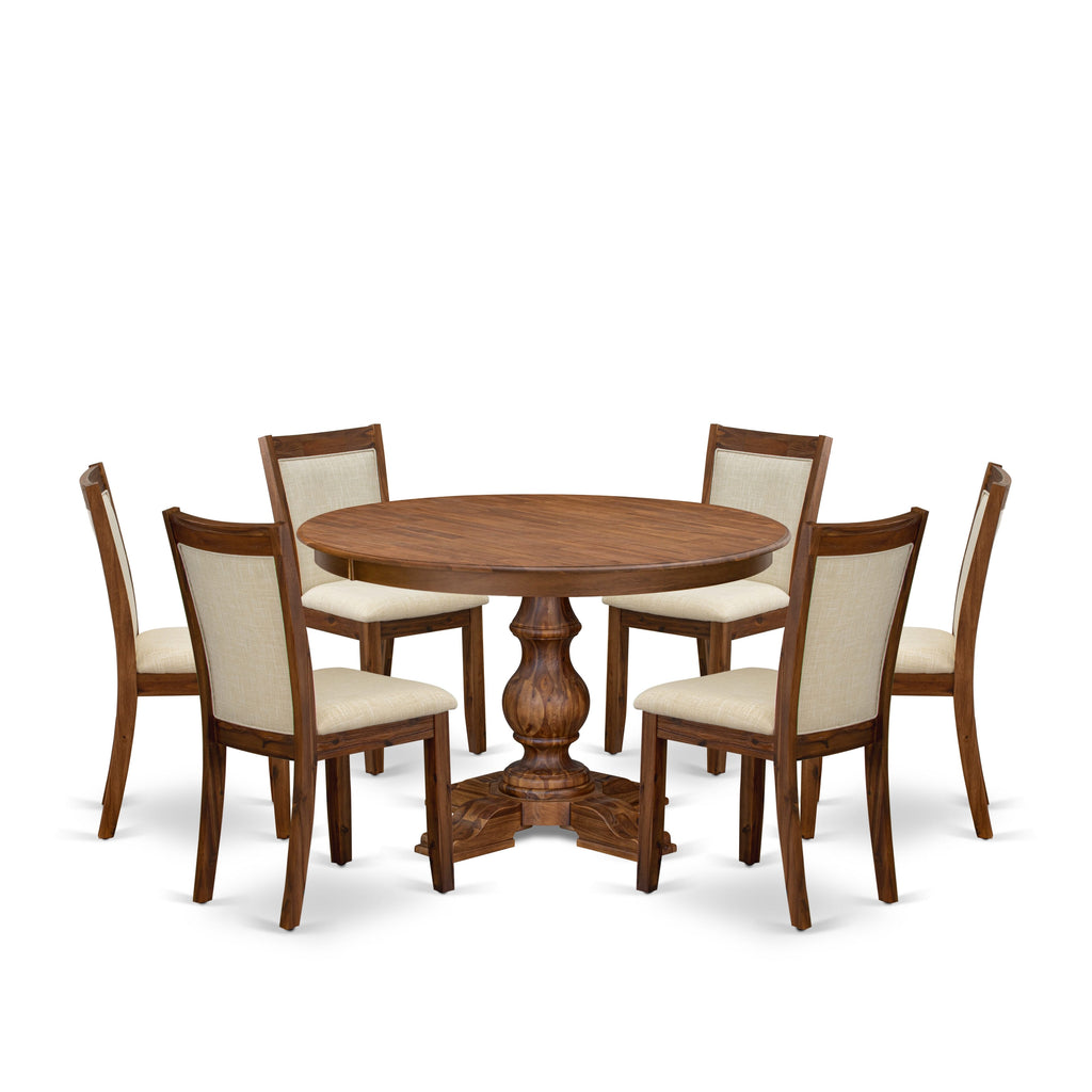 Luxe by East West Furniture F5MZ7-40N-02 7-Pc Dining Table Set consists of a Pedestal Table and 6 Light Beige Linen Fabric Modern Chairs with Padded Back - Antique Walnut