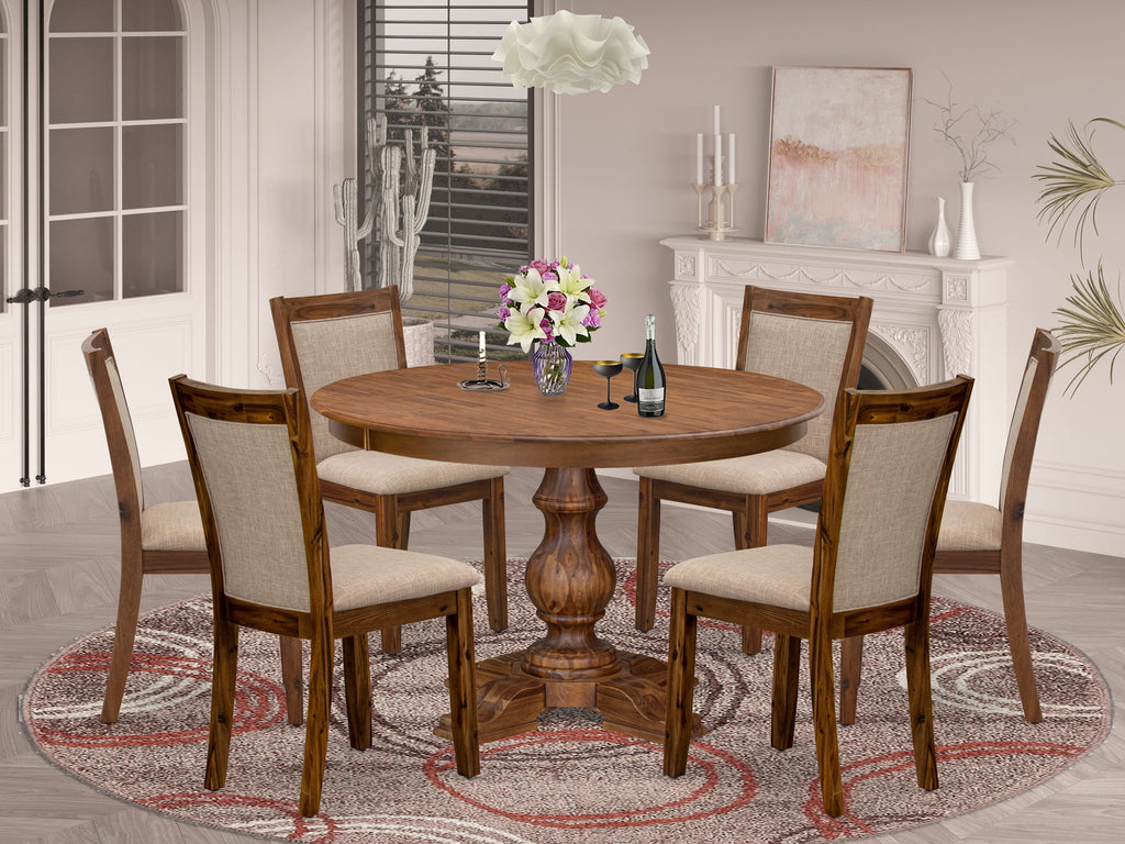 Luxe by East West Furniture F5MZ7-40N-04 7-Pc Dining Set consists of a Pedestal Dinner Table and 6 Light Tan Linen Fabric Padded Chairs with Padded Back- Antique Walnut Finish