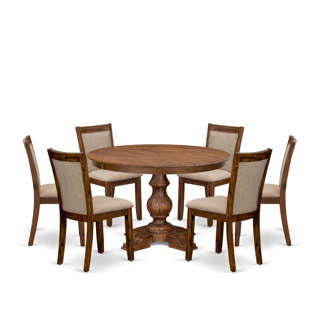 Luxe by East West Furniture F5MZ7-40N-04 7-Pc Dining Set consists of a Pedestal Dinner Table and 6 Light Tan Linen Fabric Padded Chairs with Padded Back- Antique Walnut Finish