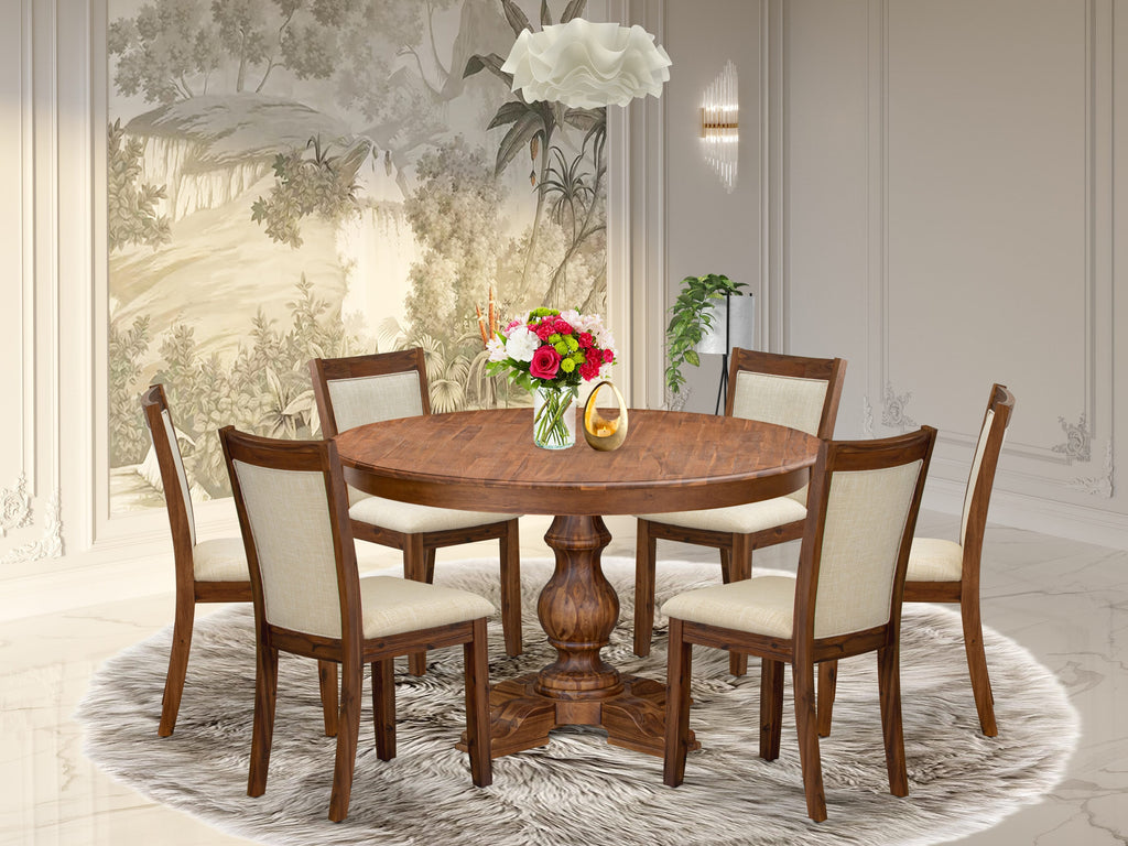 Luxe by East West Furniture F5MZ7-50N-02 7-Pc Dining Set consists of a Pedestal Round Table and 6 Light Beige Linen Fabric Dining Chairs with Padded Back - Antique Walnut