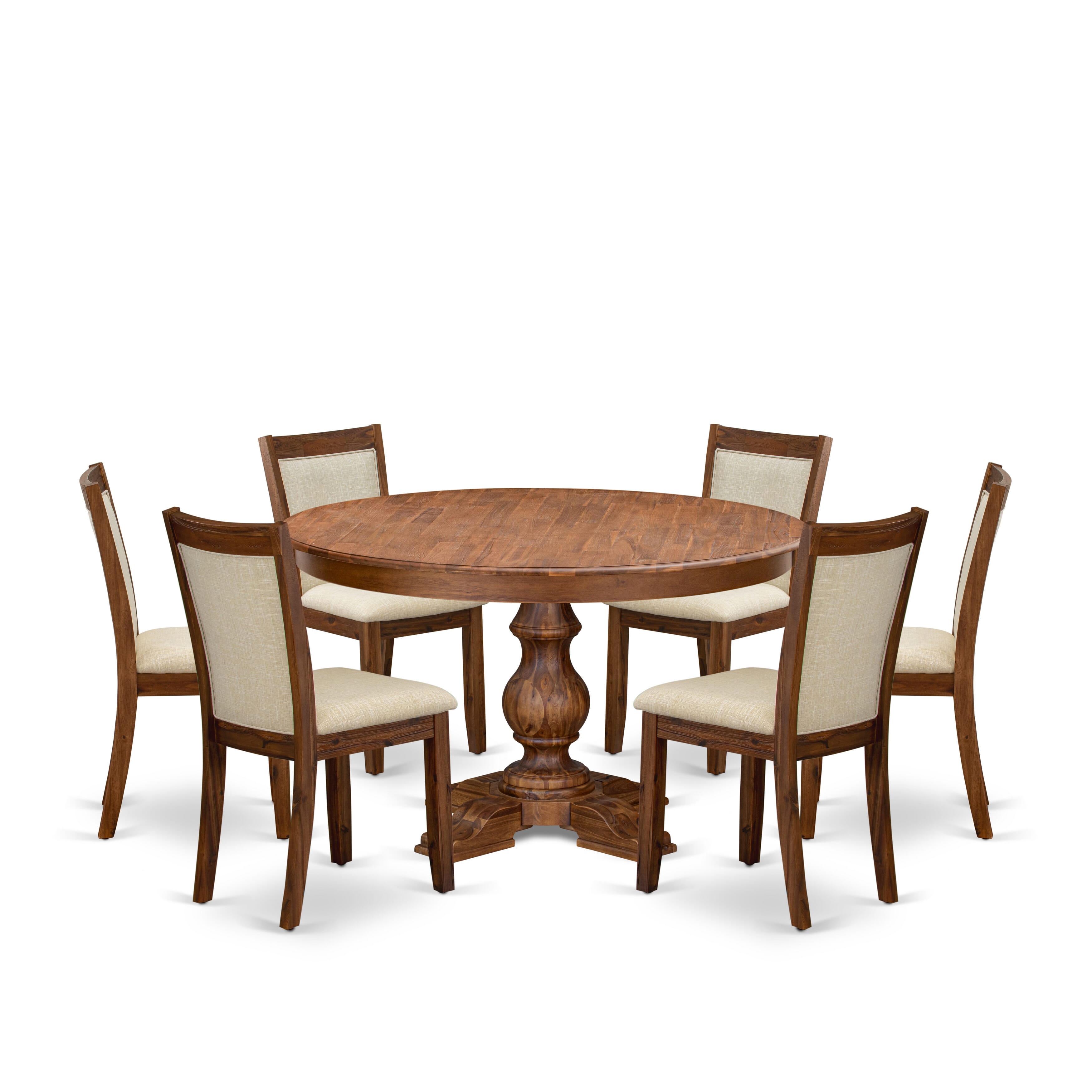 Luxe by East West Furniture F5MZ7-50N-02 7-Pc Dining Set consists of a Pedestal Round Table and 6 Light Beige Linen Fabric Dining Chairs with Padded Back - Antique Walnut