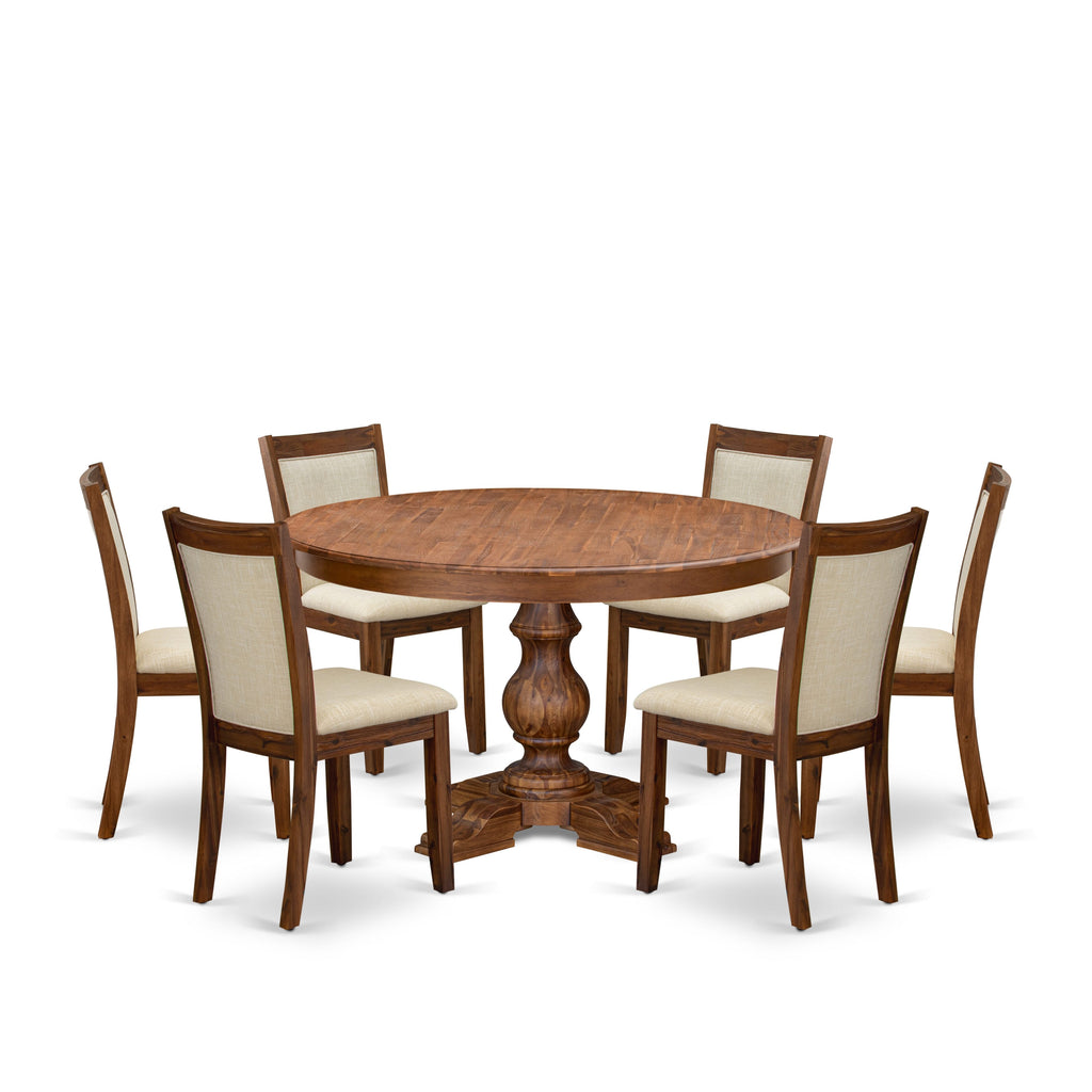 Luxe by East West Furniture F5MZ7-50N-02 7-Pc Dining Set consists of a Pedestal Round Table and 6 Light Beige Linen Fabric Dining Chairs with Padded Back - Antique Walnut