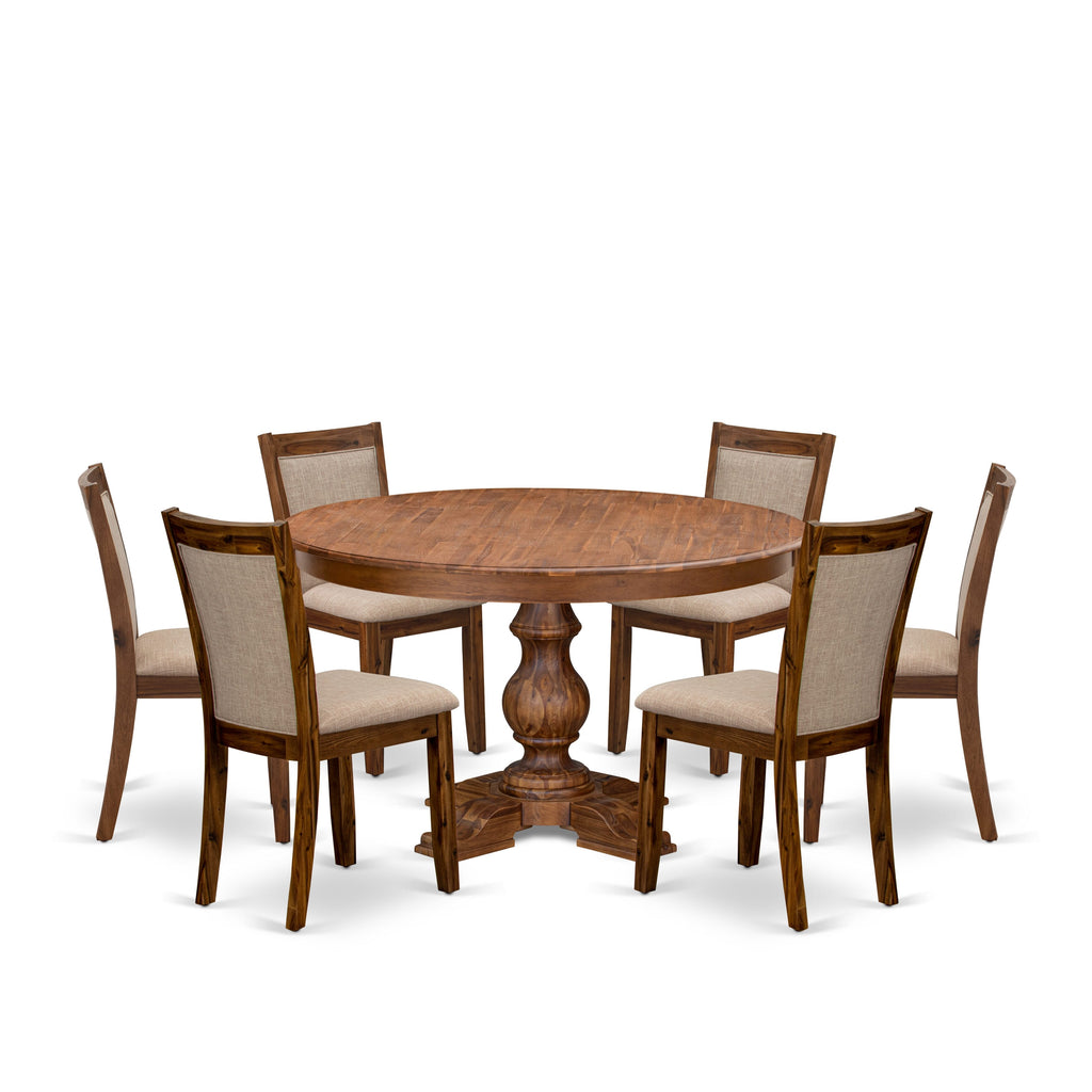 Luxe by East West Furniture F5MZ7-50N-04 7-Pc Kitchen Table Set Includes a Pedestal Breakfast Table and 6 Light Tan Linen Fabric Chairs with Padded Back - Antique Walnut