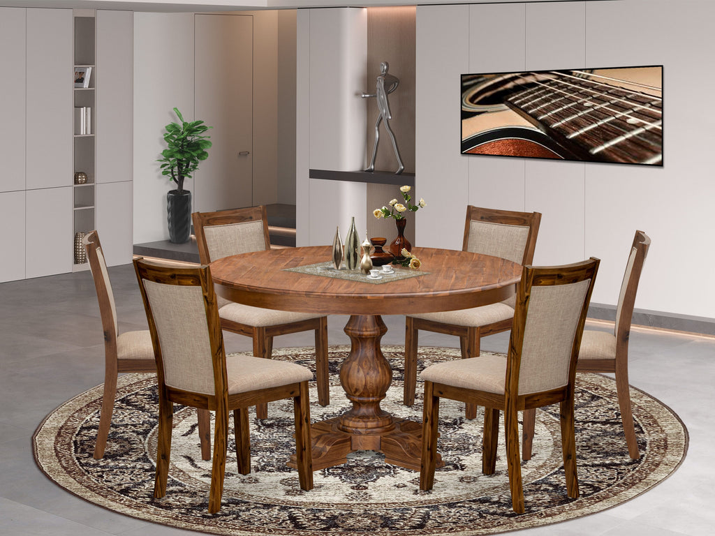 Luxe by East West Furniture F5MZ7-50N-04 7-Pc Kitchen Table Set Includes a Pedestal Breakfast Table and 6 Light Tan Linen Fabric Chairs with Padded Back - Antique Walnut