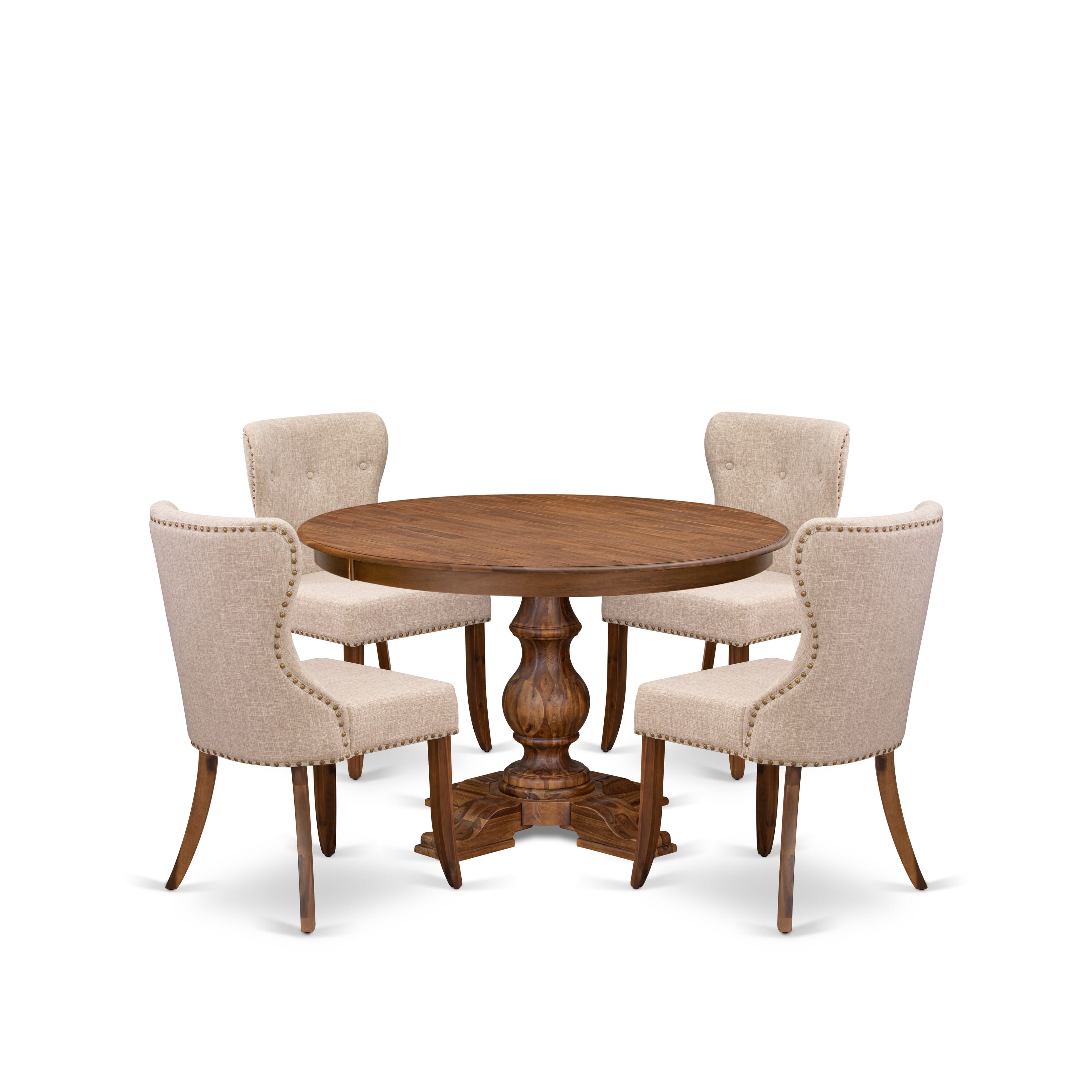 Luxe by East West Furniture F5SI5-40N-04 5-Pc Kitchen Set Includes a Pedestal Wooden Table and 4 Light Tan Linen Fabric Kitchen Chairs with Button Tufted- Antique Walnut