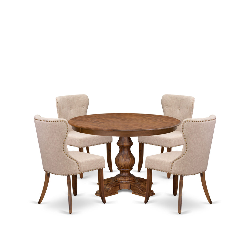 Luxe by East West Furniture F5SI5-40N-04 5-Pc Kitchen Set Includes a Pedestal Wooden Table and 4 Light Tan Linen Fabric Kitchen Chairs with Button Tufted- Antique Walnut