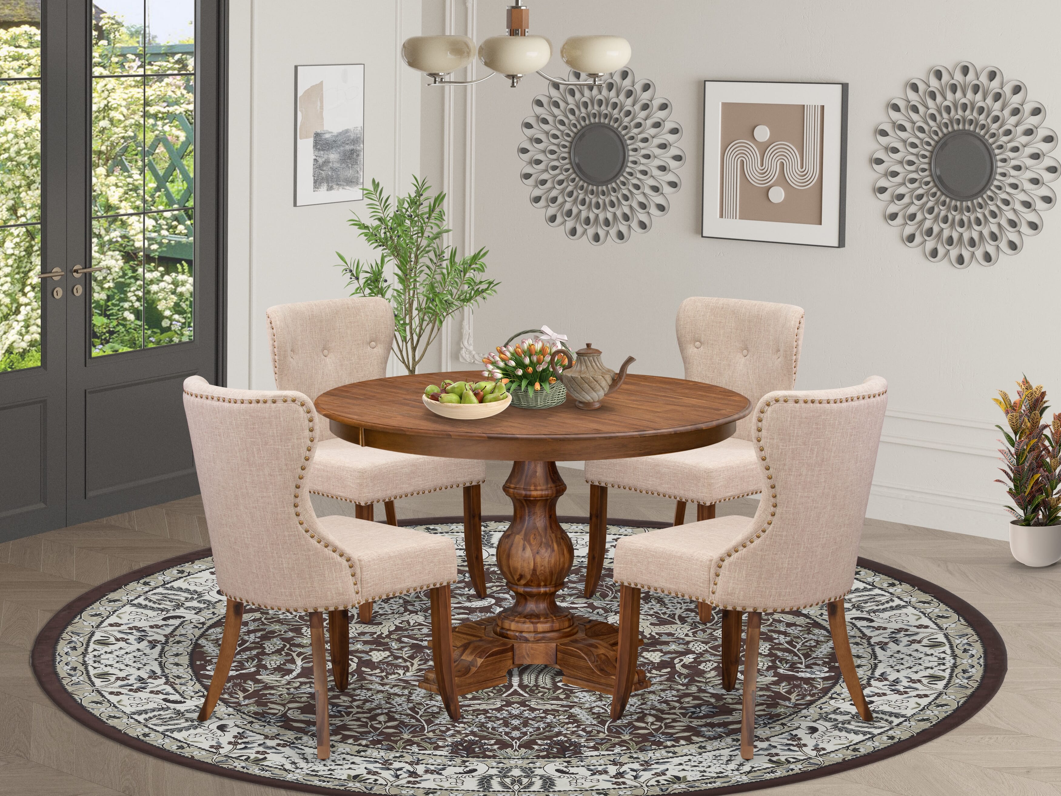 Luxe by East West Furniture F5SI5-40N-04 5-Pc Kitchen Set Includes a Pedestal Wooden Table and 4 Light Tan Linen Fabric Kitchen Chairs with Button Tufted- Antique Walnut