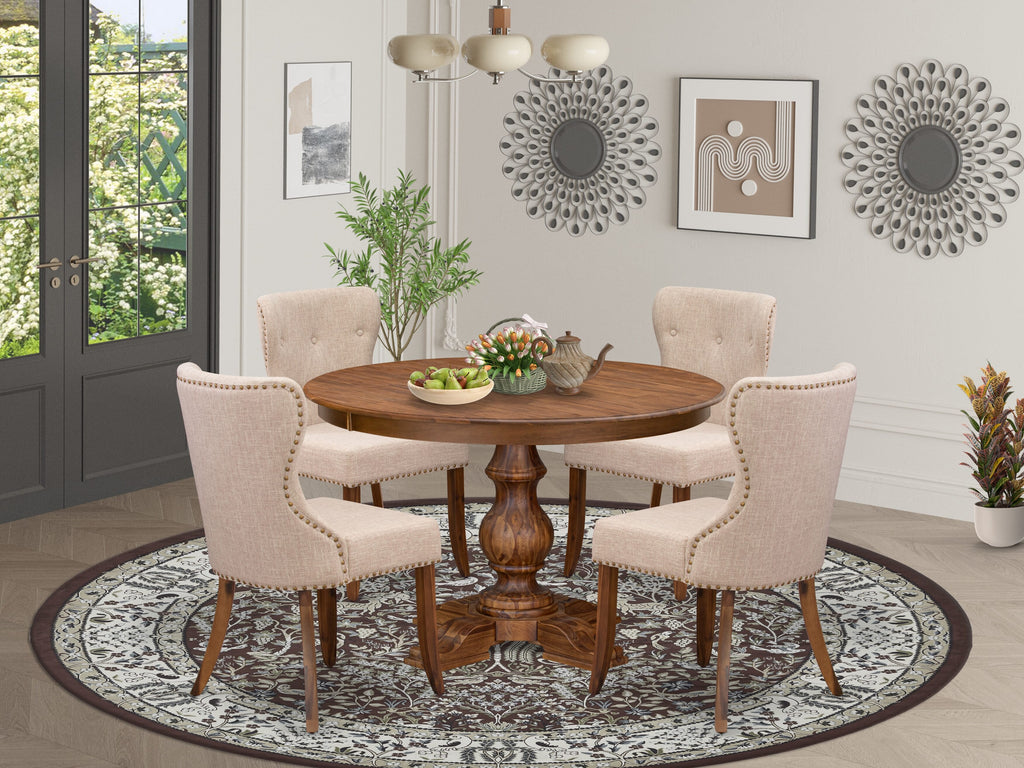 Luxe by East West Furniture F5SI5-40N-04 5-Pc Kitchen Set Includes a Pedestal Wooden Table and 4 Light Tan Linen Fabric Kitchen Chairs with Button Tufted- Antique Walnut
