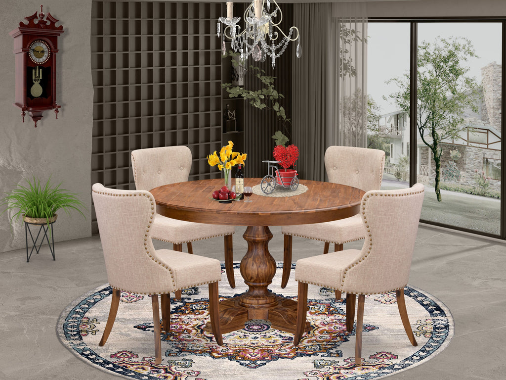 Luxe by East West Furniture F5SI5-50N-04 5-Pc Mid-century Kitchen Set Includes a Pedestal Table and 4 Light Tan Linen Fabric Dining Chairs with Button Tufted- Antique Walnut