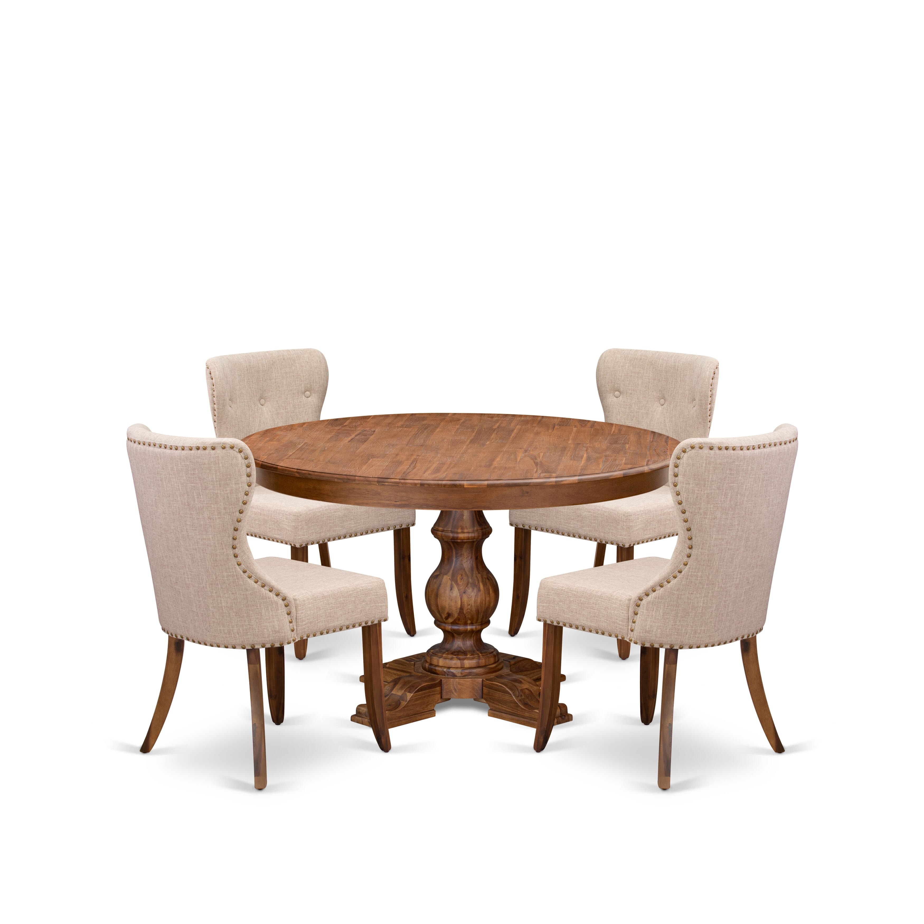 Luxe by East West Furniture F5SI5-50N-04 5-Pc Mid-century Kitchen Set Includes a Pedestal Table and 4 Light Tan Linen Fabric Dining Chairs with Button Tufted- Antique Walnut