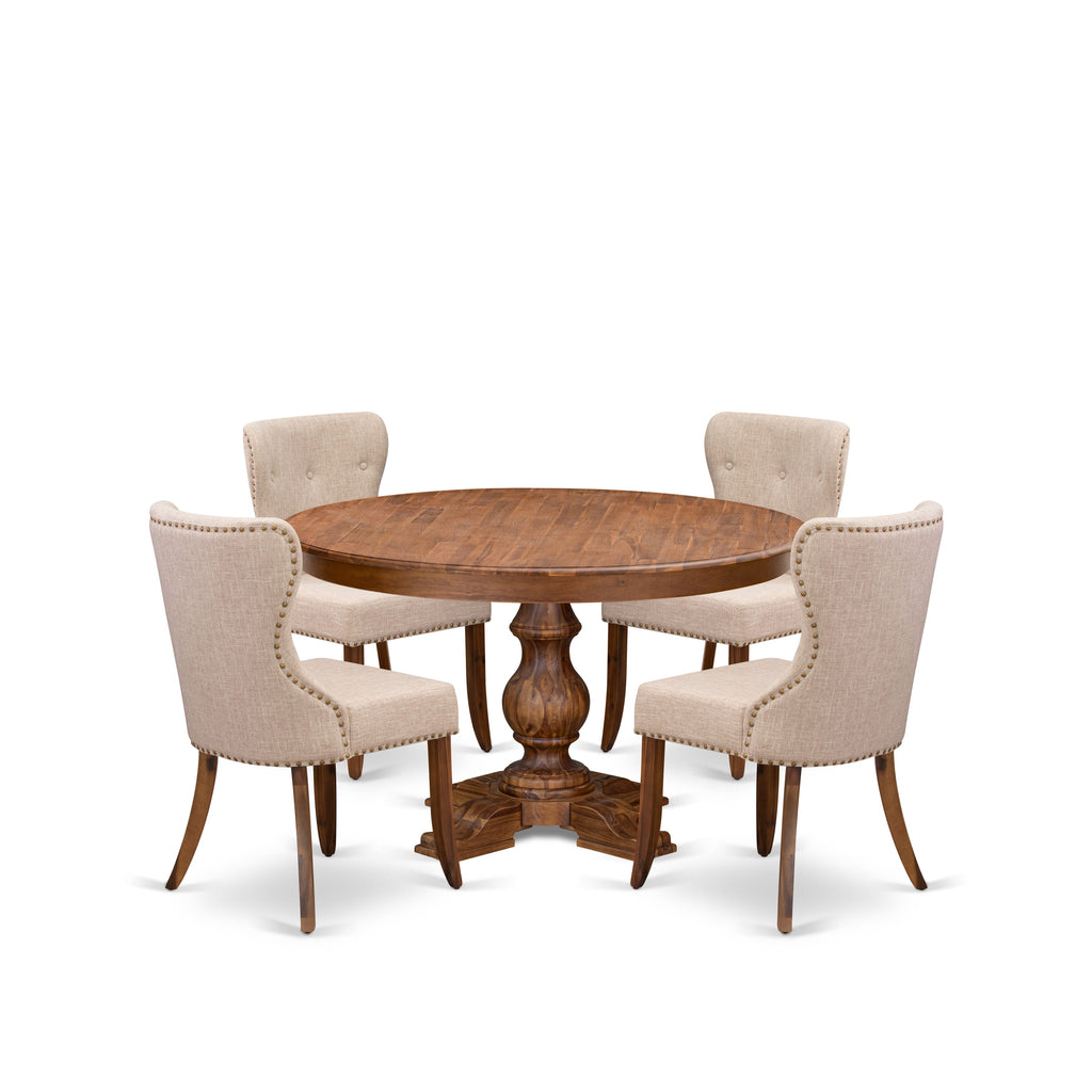 Luxe by East West Furniture F5SI5-50N-04 5-Pc Mid-century Kitchen Set Includes a Pedestal Table and 4 Light Tan Linen Fabric Dining Chairs with Button Tufted- Antique Walnut