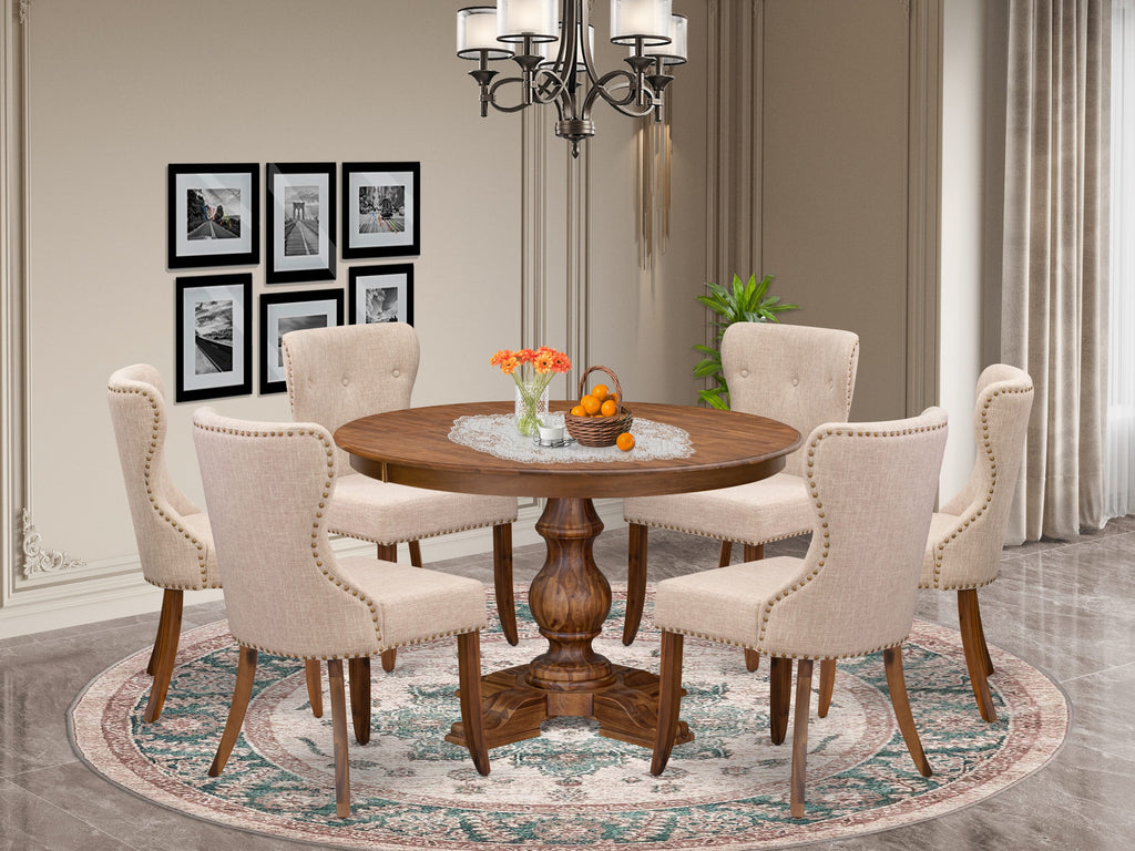Luxe by East West Furniture F5SI7-40N-04 7-Pc Kitchen Set consists of a Pedestal Dining Table and 6 Light Tan Linen Fabric Kitchen Chairs with Button Tufted- Antique Walnut