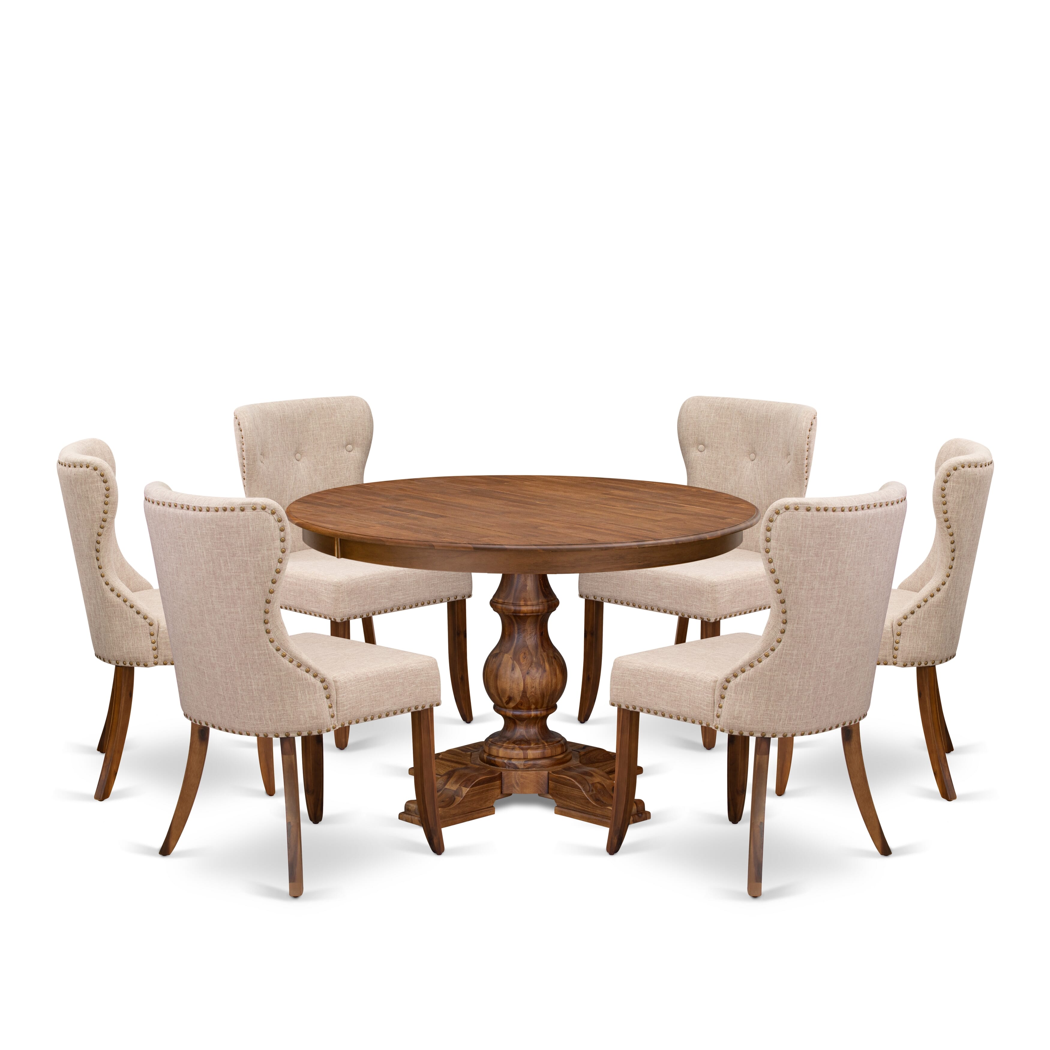 Luxe by East West Furniture F5SI7-40N-04 7-Pc Kitchen Set consists of a Pedestal Dining Table and 6 Light Tan Linen Fabric Kitchen Chairs with Button Tufted- Antique Walnut