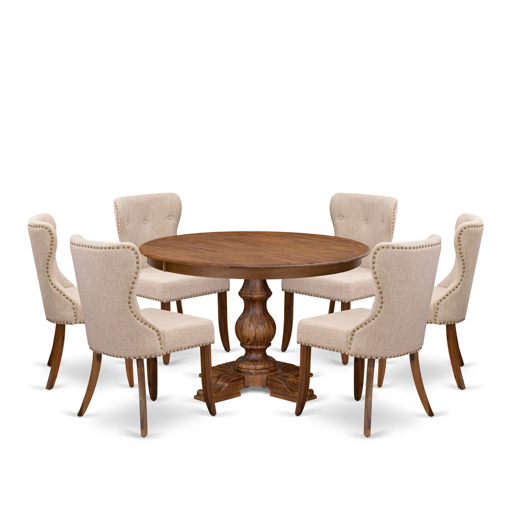 Luxe by East West Furniture F5SI7-40N-04 7-Pc Kitchen Set consists of a Pedestal Dining Table and 6 Light Tan Linen Fabric Kitchen Chairs with Button Tufted- Antique Walnut