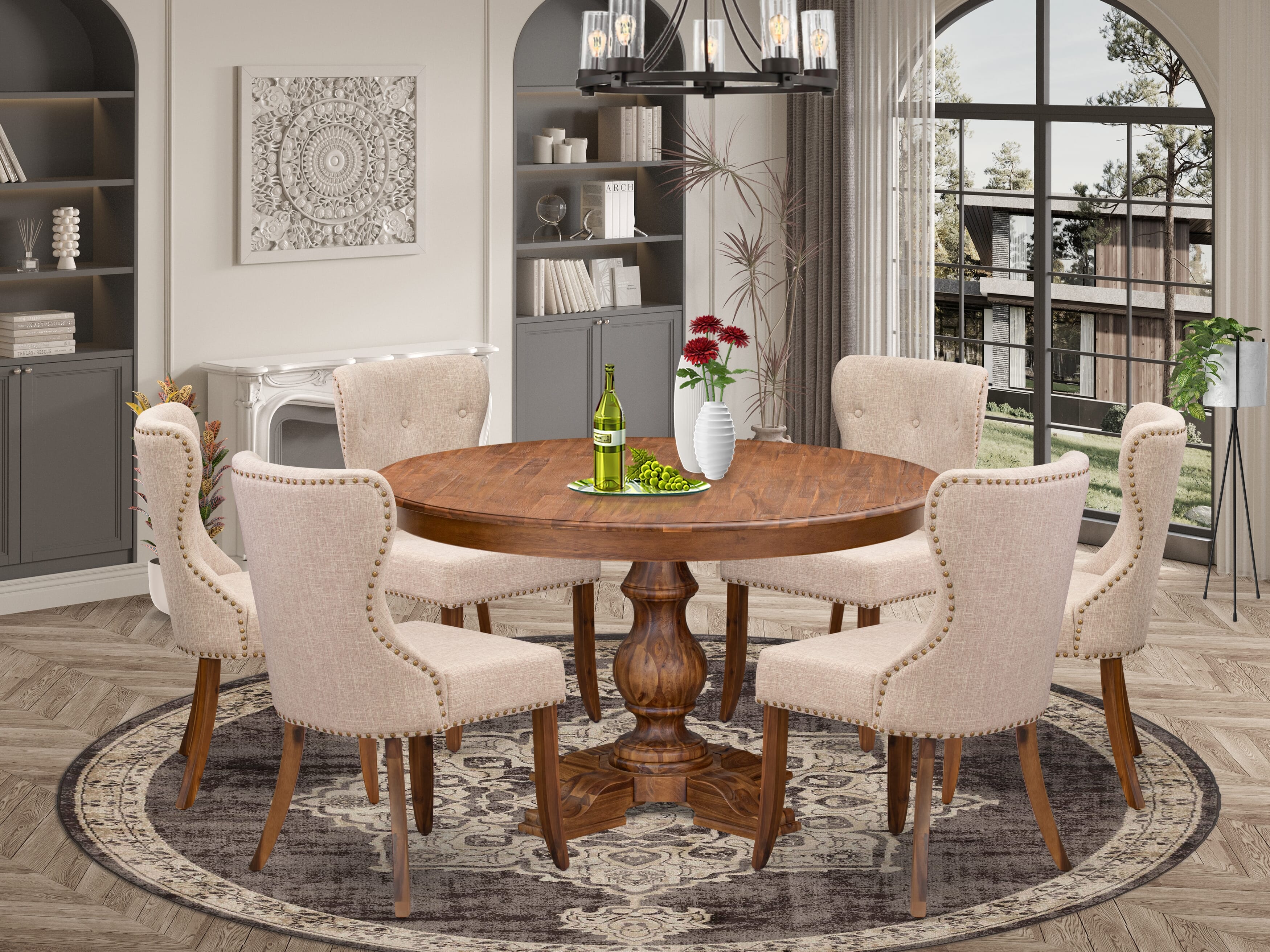 Luxe by East West Furniture F5SI7-50N-04 7-Pc Dining Set consists of a Pedestal Kitchen Table and 6 Light Tan Linen Fabric Parson Chairs with Button Tufted- Antique Walnut