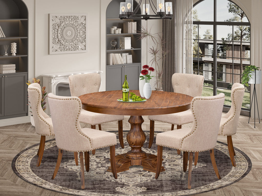 Luxe by East West Furniture F5SI7-50N-04 7-Pc Dining Set consists of a Pedestal Kitchen Table and 6 Light Tan Linen Fabric Parson Chairs with Button Tufted- Antique Walnut