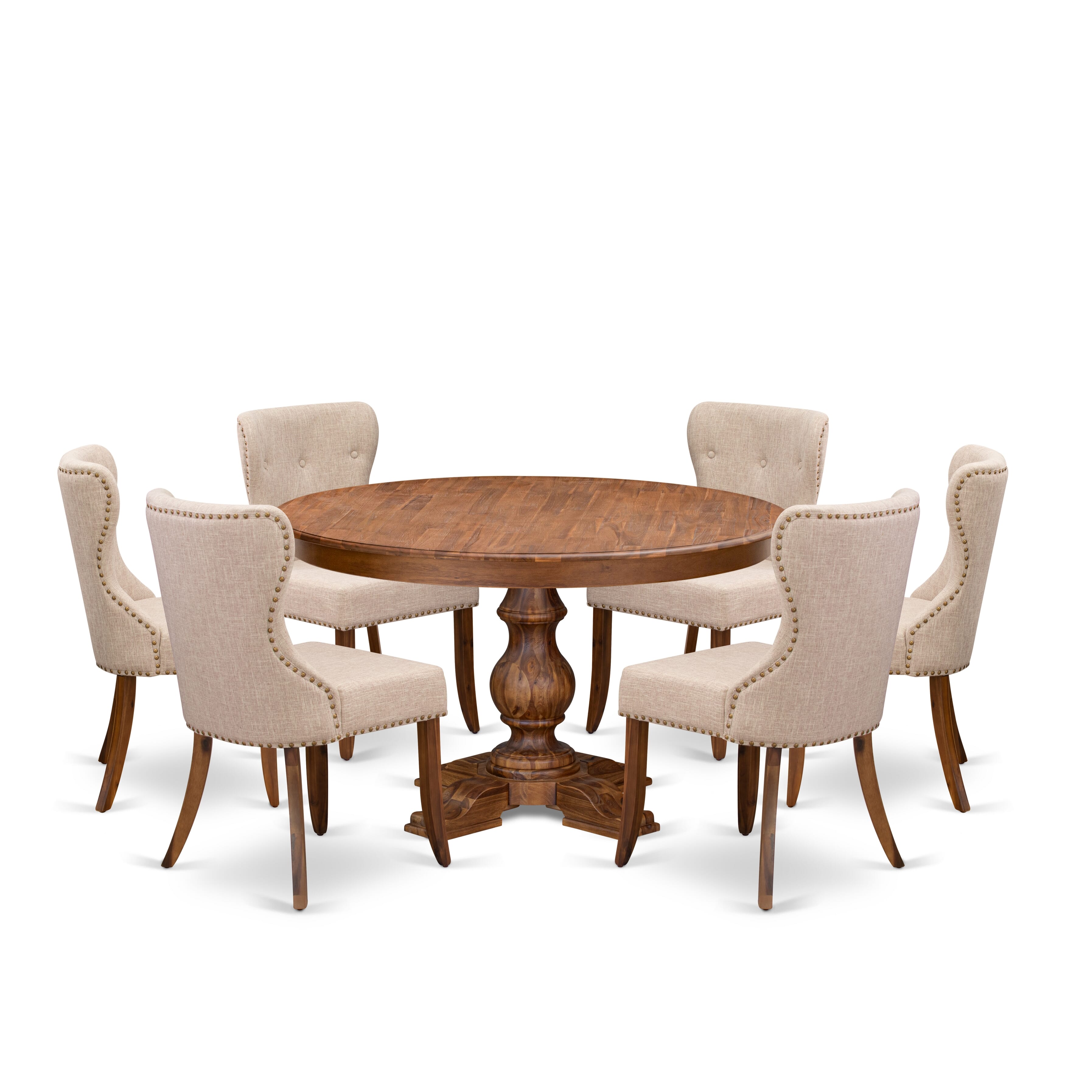 Luxe by East West Furniture F5SI7-50N-04 7-Pc Dining Set consists of a Pedestal Kitchen Table and 6 Light Tan Linen Fabric Parson Chairs with Button Tufted- Antique Walnut