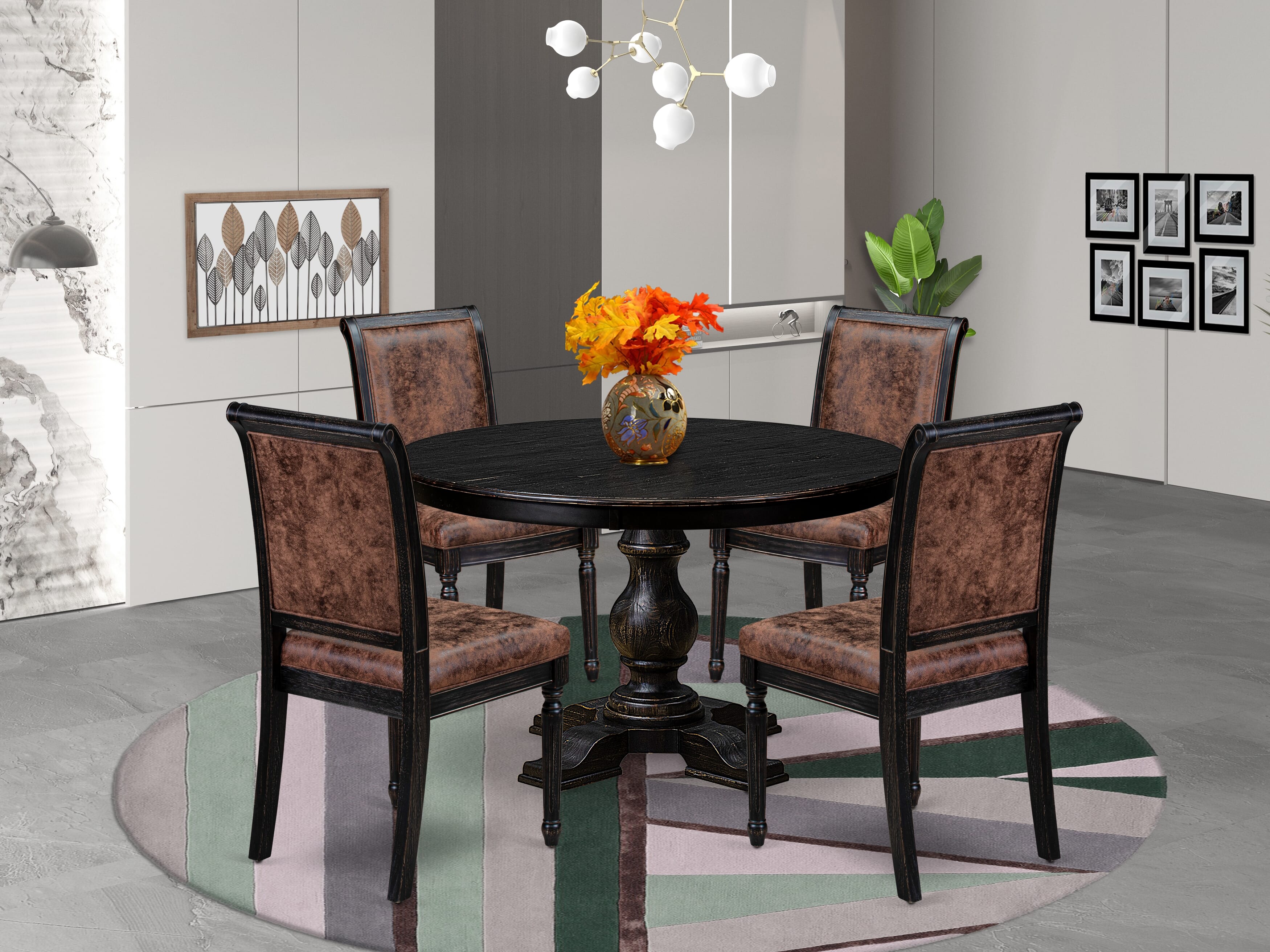 Luxe by East West Furniture - F5TY5-411-33 - 5-piece Dining Room Table Set consists of a Dining Table and 4 Brown Polyester Fabric Dining Chairs with High Back - Sand Blasting Black Finish