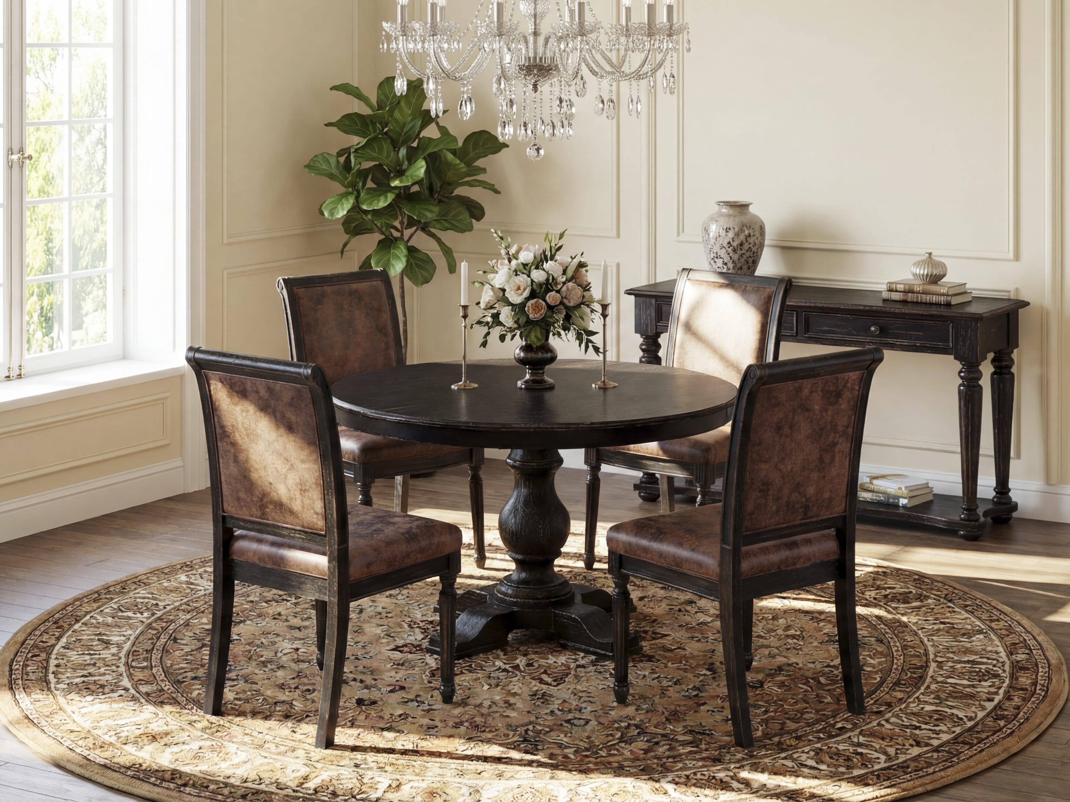 Luxe by East West Furniture - F5TY5-411-33 - 5-piece Dining Room Table Set consists of a Dining Table and 4 Brown Polyester Fabric Dining Chairs with High Back - Sand Blasting Black Finish