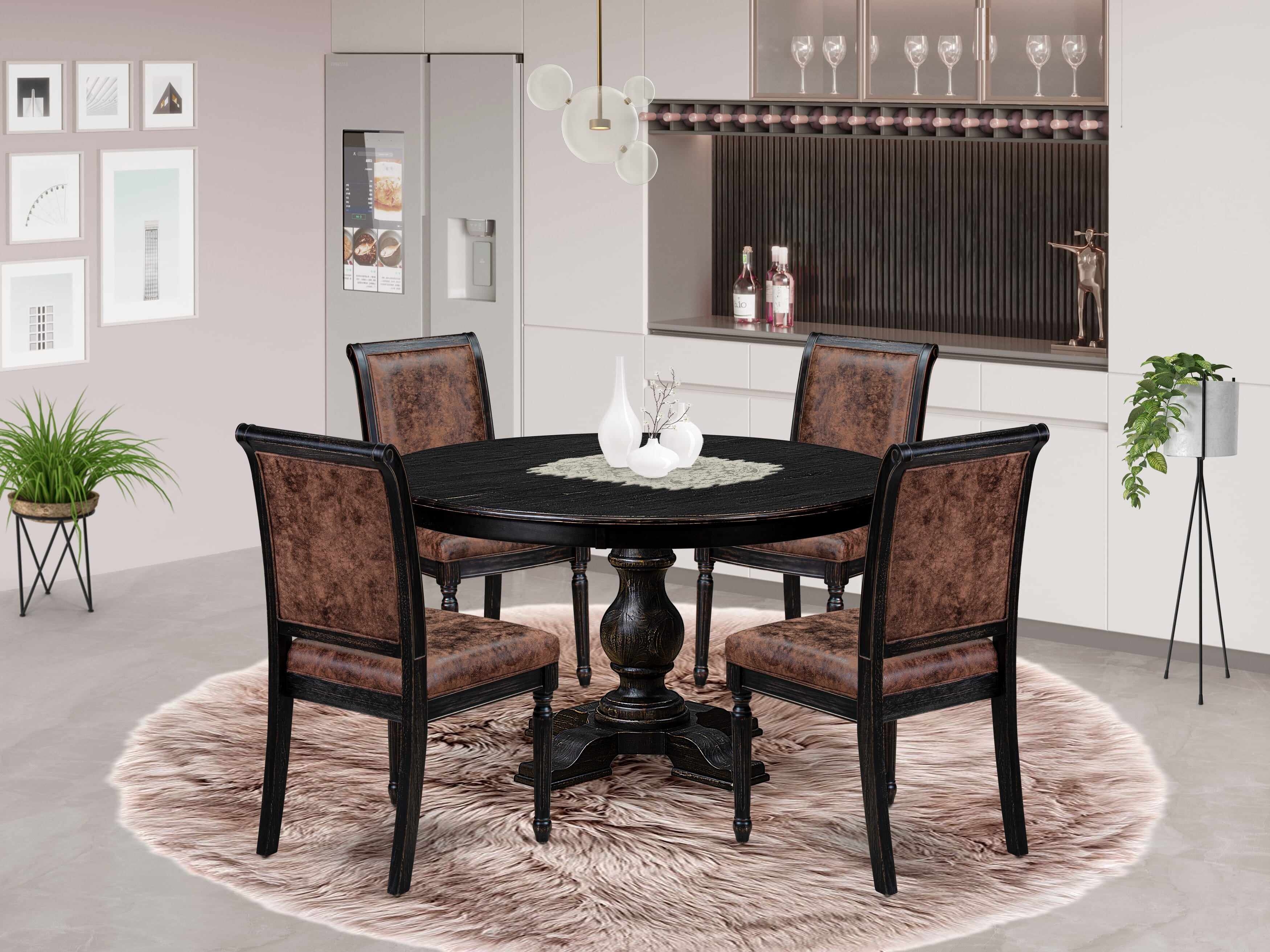 Luxe by East West Furniture - F5TY5-511-33 - 5-piece Dining Table Set consists of a Dining Table and 4 Brown Polyester Fabric Dining Room Chairs with High Back - Sand Blasting Black Finish
