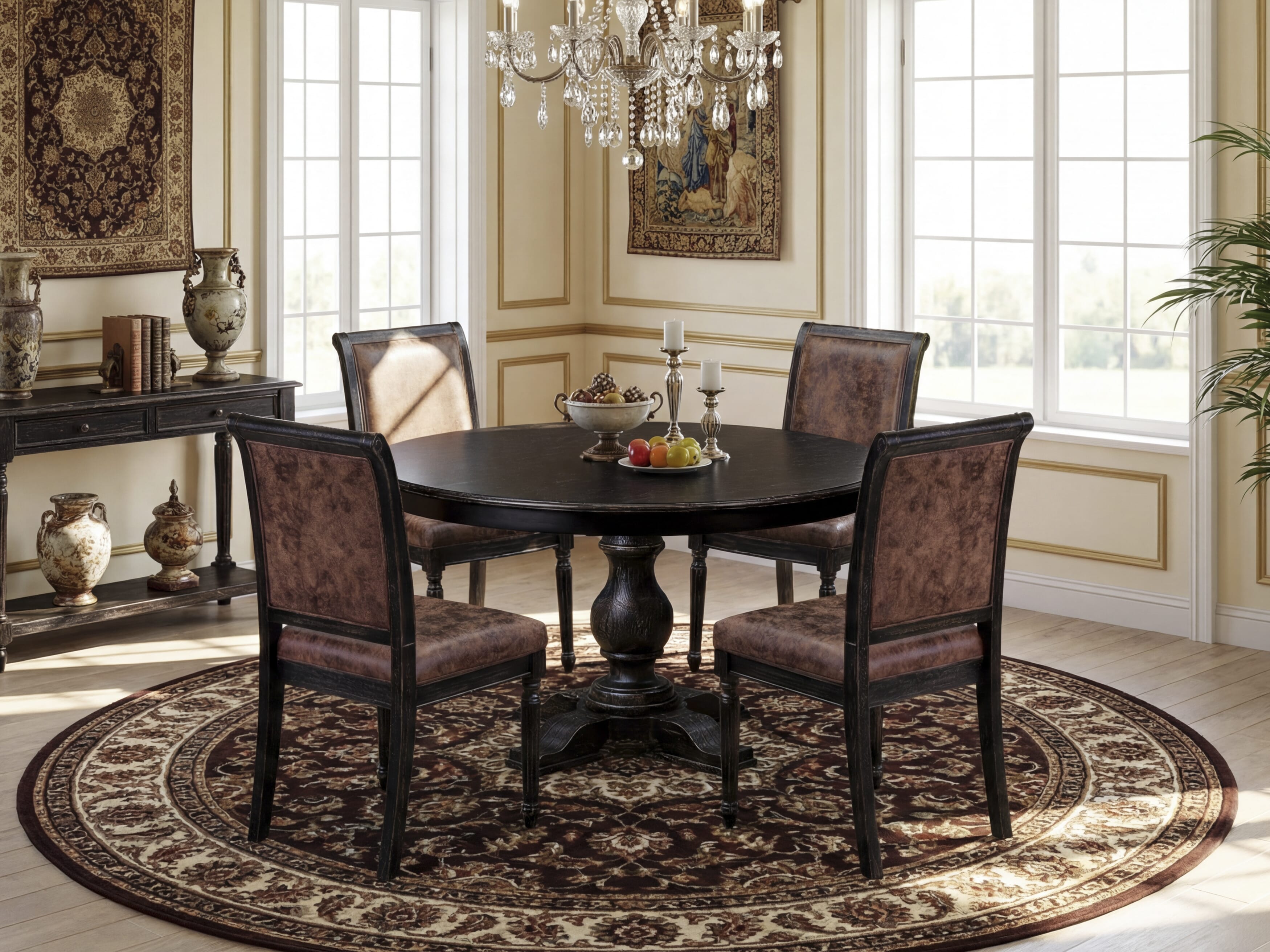 Luxe by East West Furniture - F5TY5-511-33 - 5-piece Dining Table Set consists of a Dining Table and 4 Brown Polyester Fabric Dining Room Chairs with High Back - Sand Blasting Black Finish