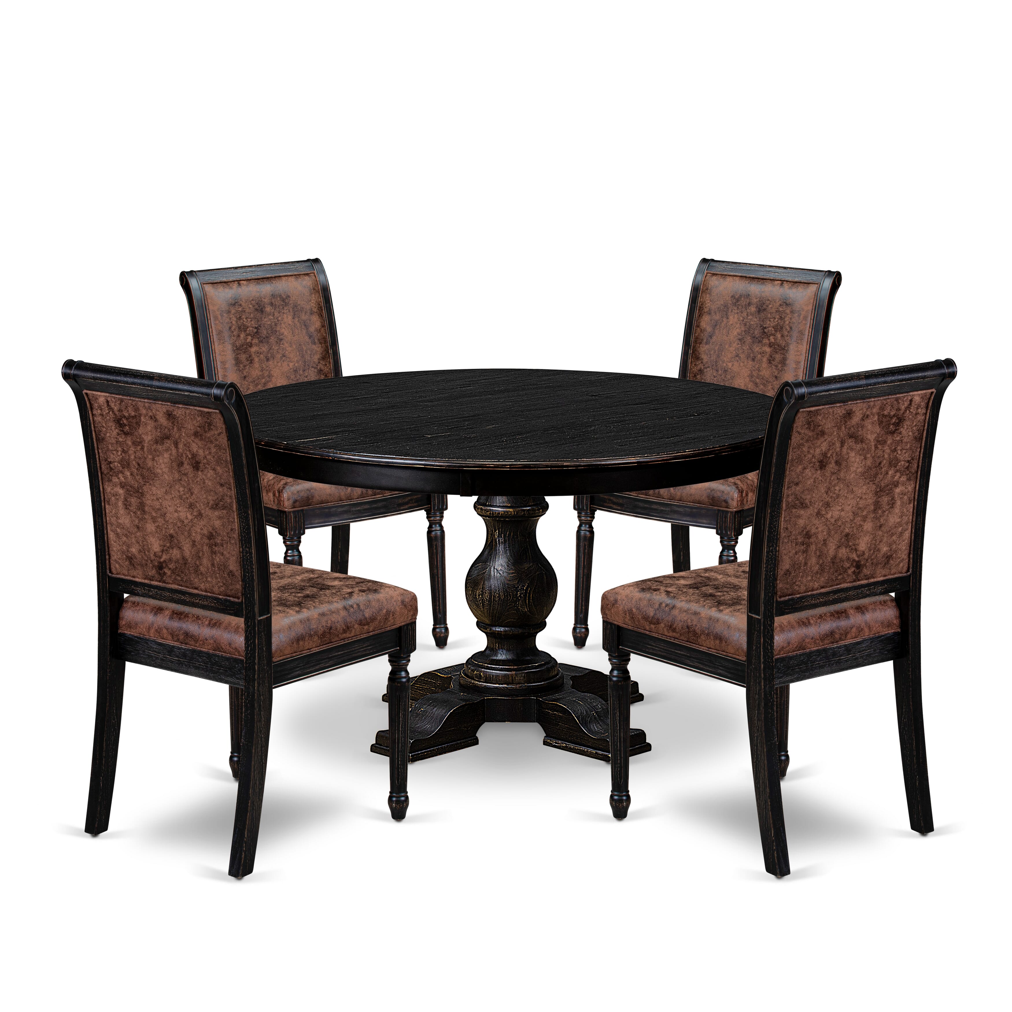 Luxe by East West Furniture - F5TY5-511-33 - 5-piece Dining Table Set consists of a Dining Table and 4 Brown Polyester Fabric Dining Room Chairs with High Back - Sand Blasting Black Finish