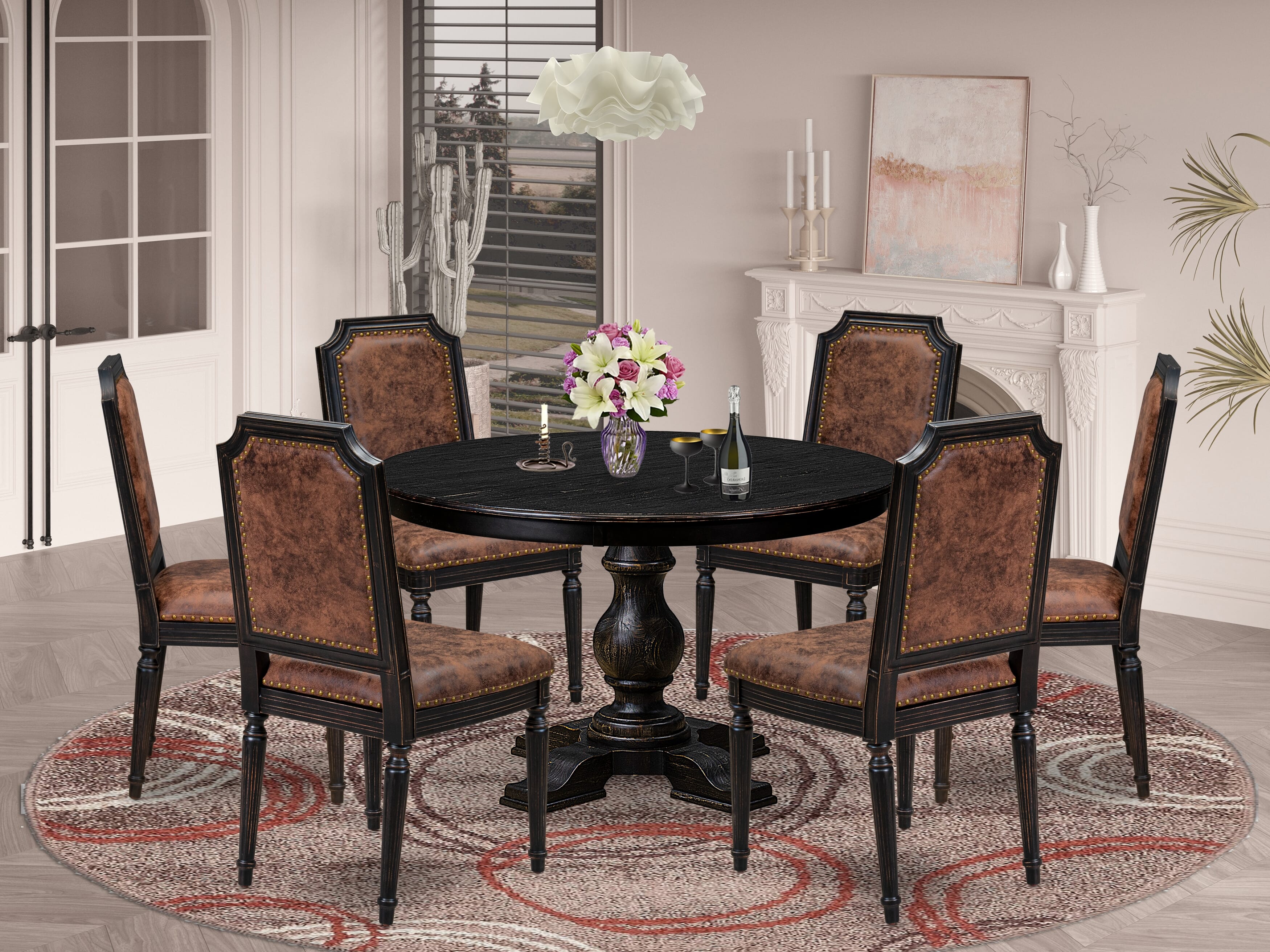 Luxe by East West Furniture - F5TY7-411-33 - 7-piece Dining Room Table Set consists of a Dining Table and 6 Brown Polyester Fabric Dining Chairs with High Back - Sand Blasting Black Finish