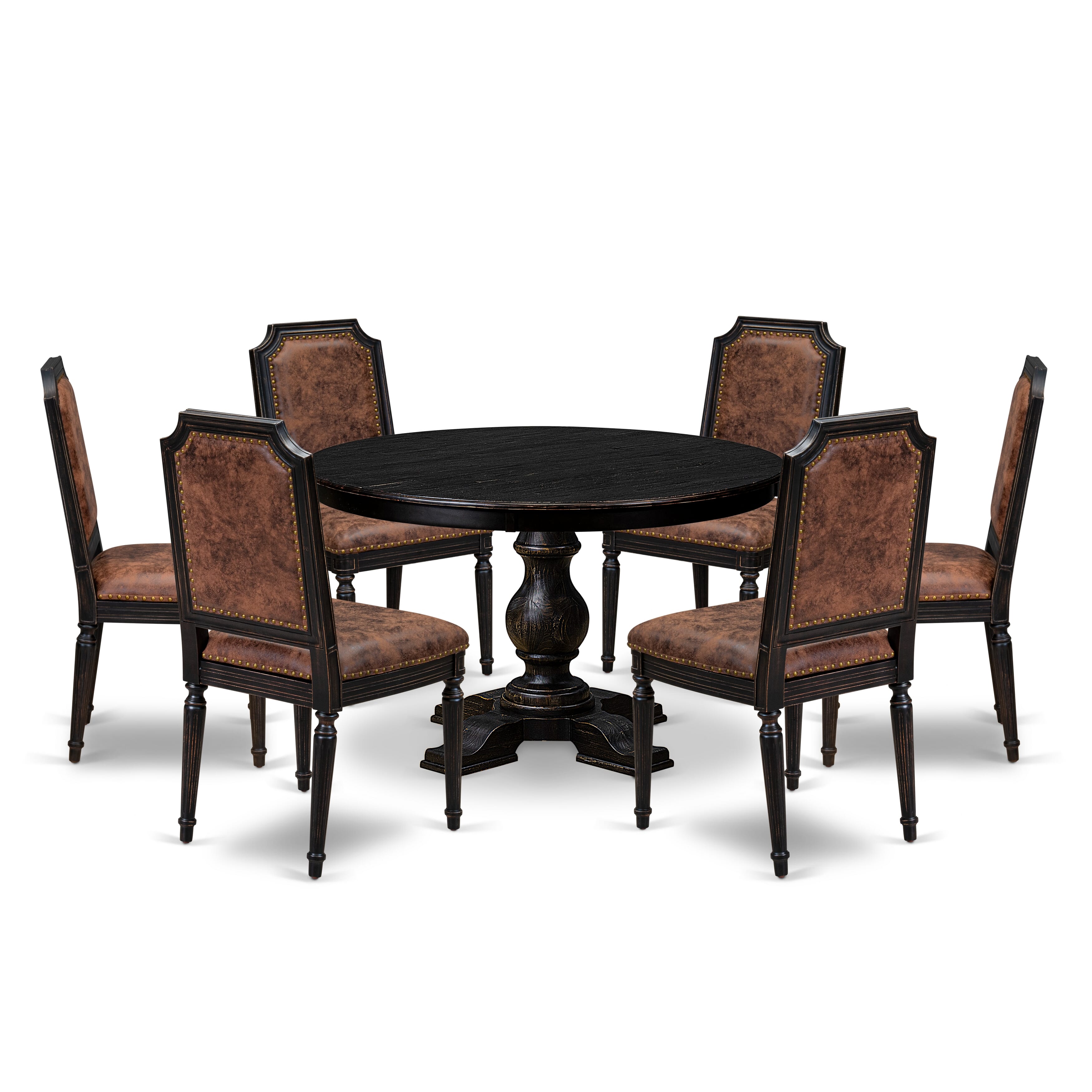 Luxe by East West Furniture - F5TY7-411-33 - 7-piece Dining Room Table Set consists of a Dining Table and 6 Brown Polyester Fabric Dining Chairs with High Back - Sand Blasting Black Finish