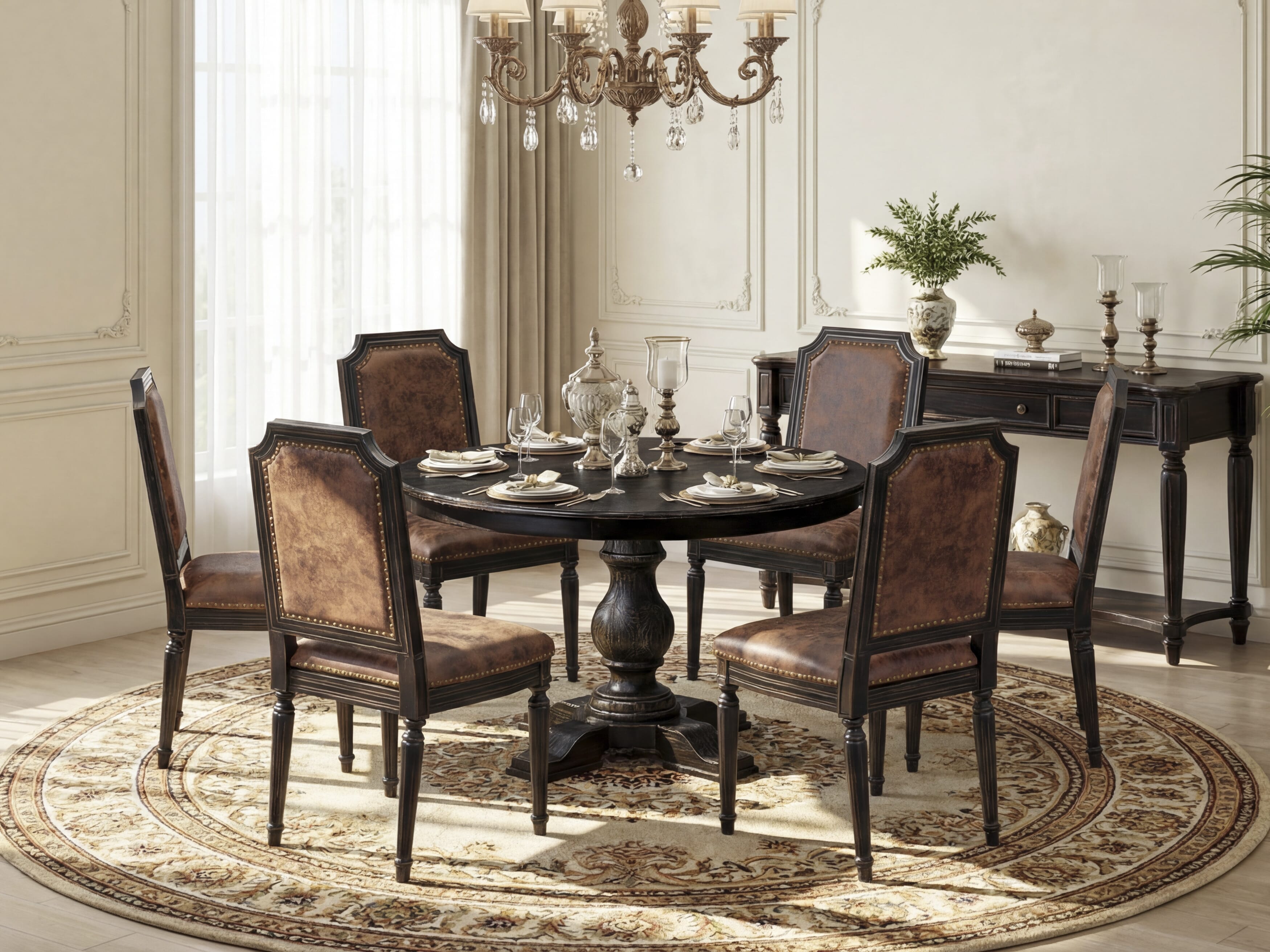 Luxe by East West Furniture - F5TY7-411-33 - 7-piece Dining Room Table Set consists of a Dining Table and 6 Brown Polyester Fabric Dining Chairs with High Back - Sand Blasting Black Finish