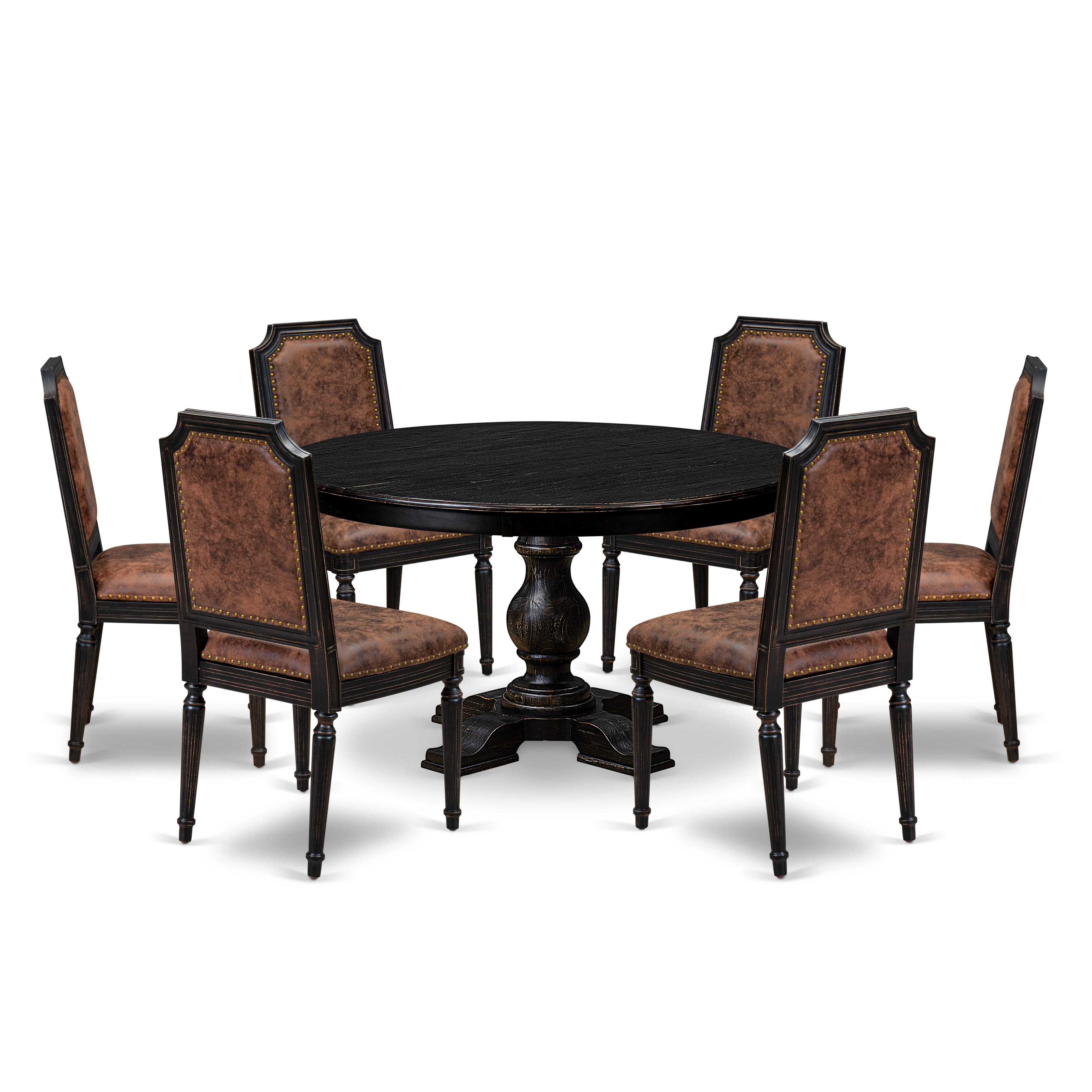 Luxe by East West Furniture - F5TY7-511-33 - 7-piece Dining Table Set consists of a Dining Table and 6 Brown Polyester Fabric Dining Room Chairs with High Back - Sand Blasting Black Finish
